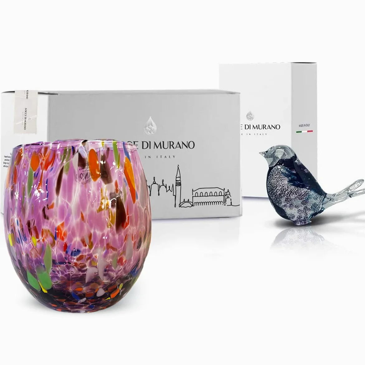 6 Bicchieri Vino Lavorati Secondo la Tradizione degli Artigiani di Murano, Bicchiere Soffiato e Lavorato a Mano 200 ml - Calici Vino Eleganti e Preziosi