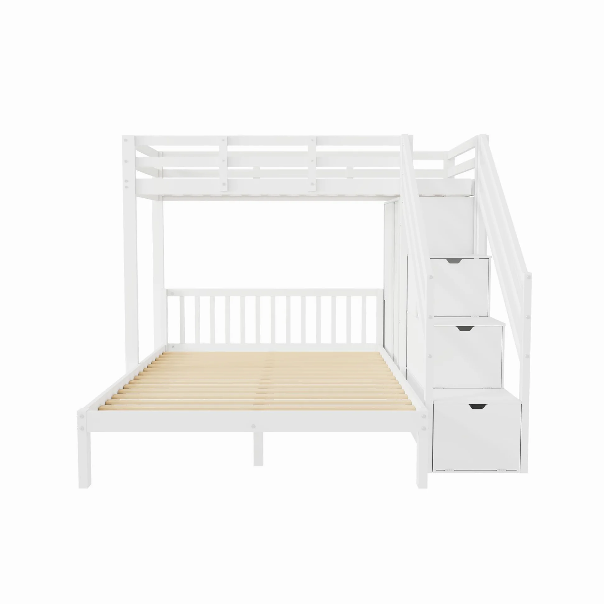 Letto a castello con guardaroba, letto a castello per bambini, 90 x 200 cm + 140 x 200 cm, multifunzione, con scaletta, grande spazio di archiviazione, senza materasso, bianco