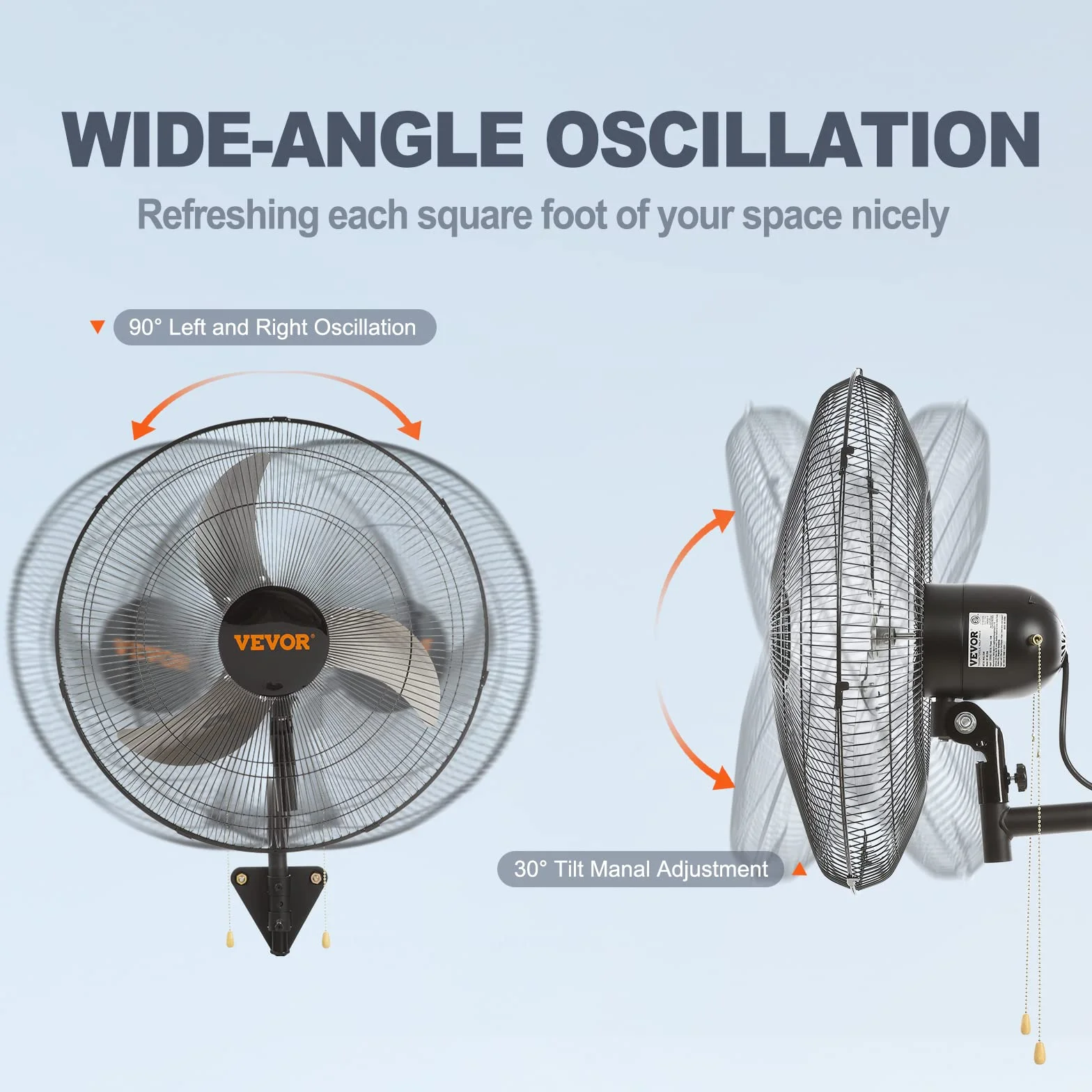 VEVOR Ventilatore da Parete, 51 cm 3 Velocità ad Alta Velocità, Ventilatore da Parete Industriale Oscillante 73 W Commerciale o Residenziale per Magazzino, Serra, Officina, Patio, Cantina, Nero