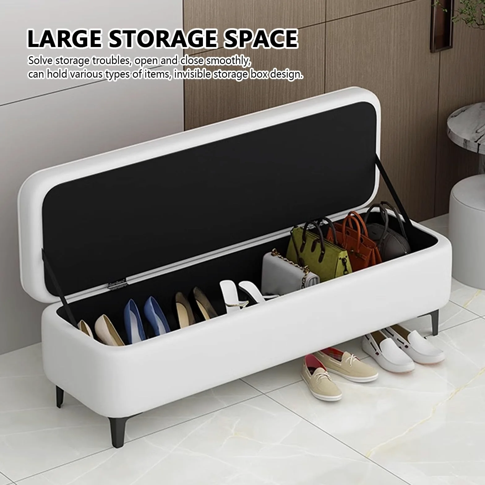 Moderno salotto panca scarpiera con cuscino, interno ingresso contenitore panca seduta con seduta, panca fondo letto matrimoniale, panca camera da letto con seduta, mobile scarpiera ingresso.
