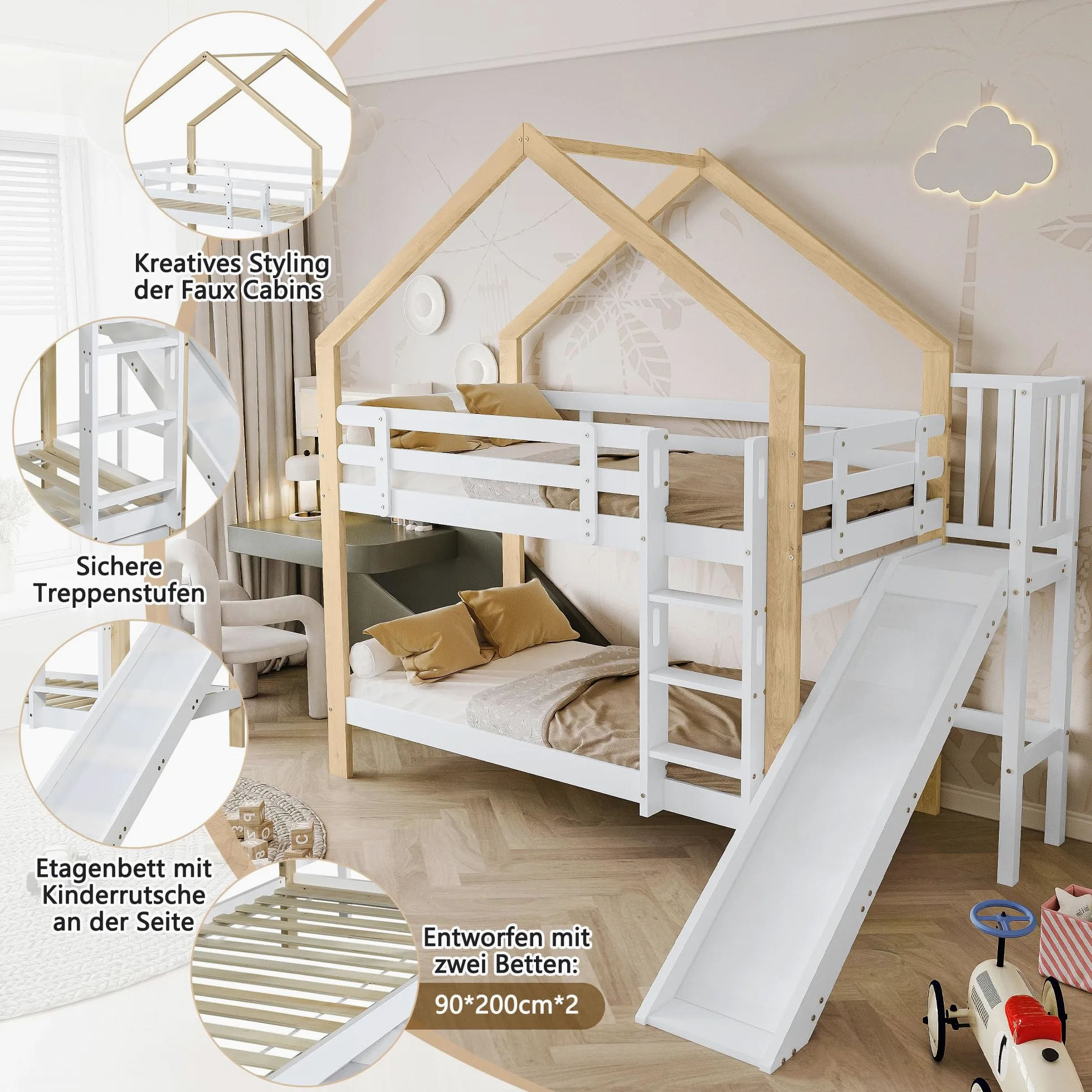 Letto a castello con scivolo e scaletta angolare a tre gradini, letto a casetta con protezione anticaduta, lettino per bambini, telaio letto in legno massello, bianco+naturale, 90x200 cm
