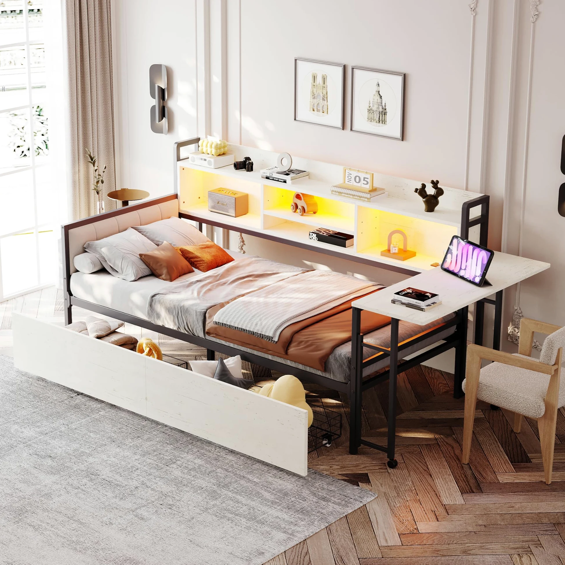 Lcoho Divano letto in ferro 90 x 200 cm, con illuminazione a LED e spazio di archiviazione, con cassetti e presa multifunzionale, scrivania pieghevole, schienale morbido, letto singolo (bianco)