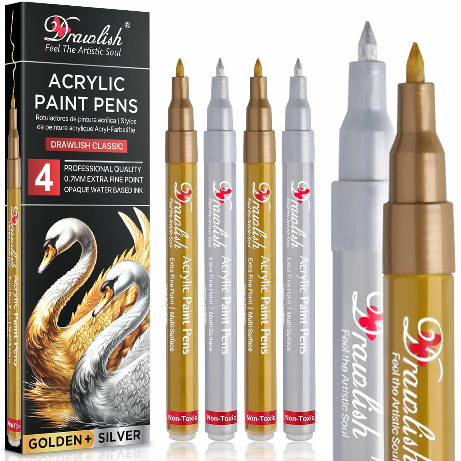 Set 4 pennarelli acrilici metallizzati oro argento punta extra fine 0,7 mm per tessuto vetro legno