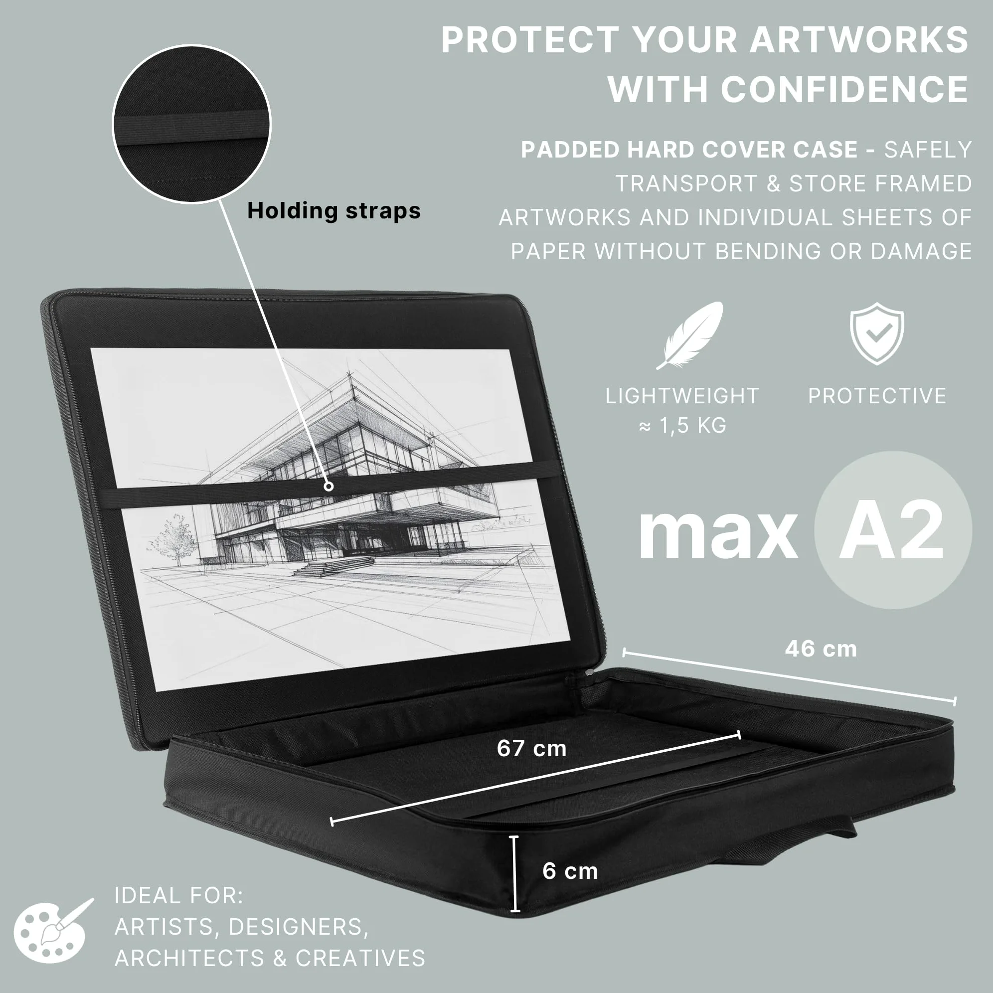 Le'arte artcase max DIN A2 – Artist Portfolio case, Hardcover Drawing Folder A2, Document Transport Bag, 70 x 49 x 8 cm, Storage Art case, Waterproof Poliestere, Large Format, Hard-Cover, Black, Nero