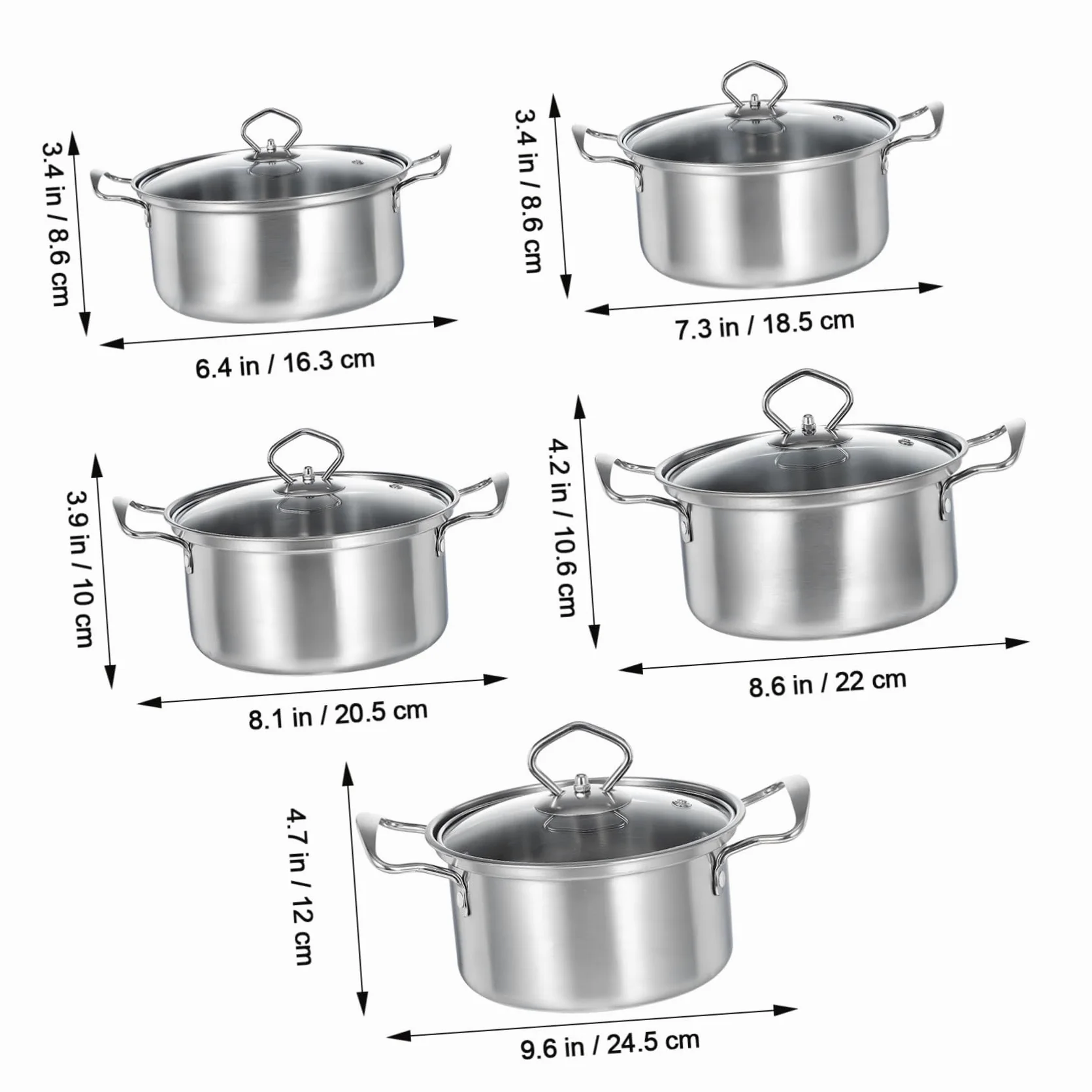 TOYANDONA Set Pentole per Brodo e Stufato in Acciaio Inox con Coperchi in Vetro, Pentole a Induzione Doppio Manico, 10 Pezzi per Cucina Domestica e Preparazione Zuppe