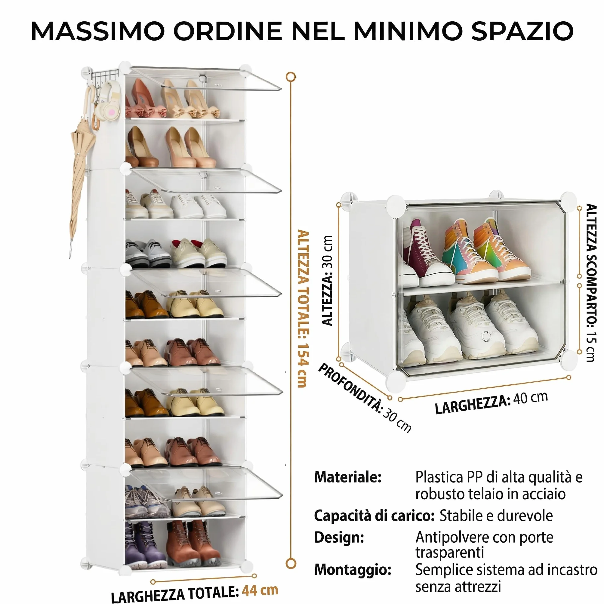 Scarpiera salvaspazio slim alta e stretta 10 livelli con porta bianca plastica modulare per ingresso corridoio camera da letto