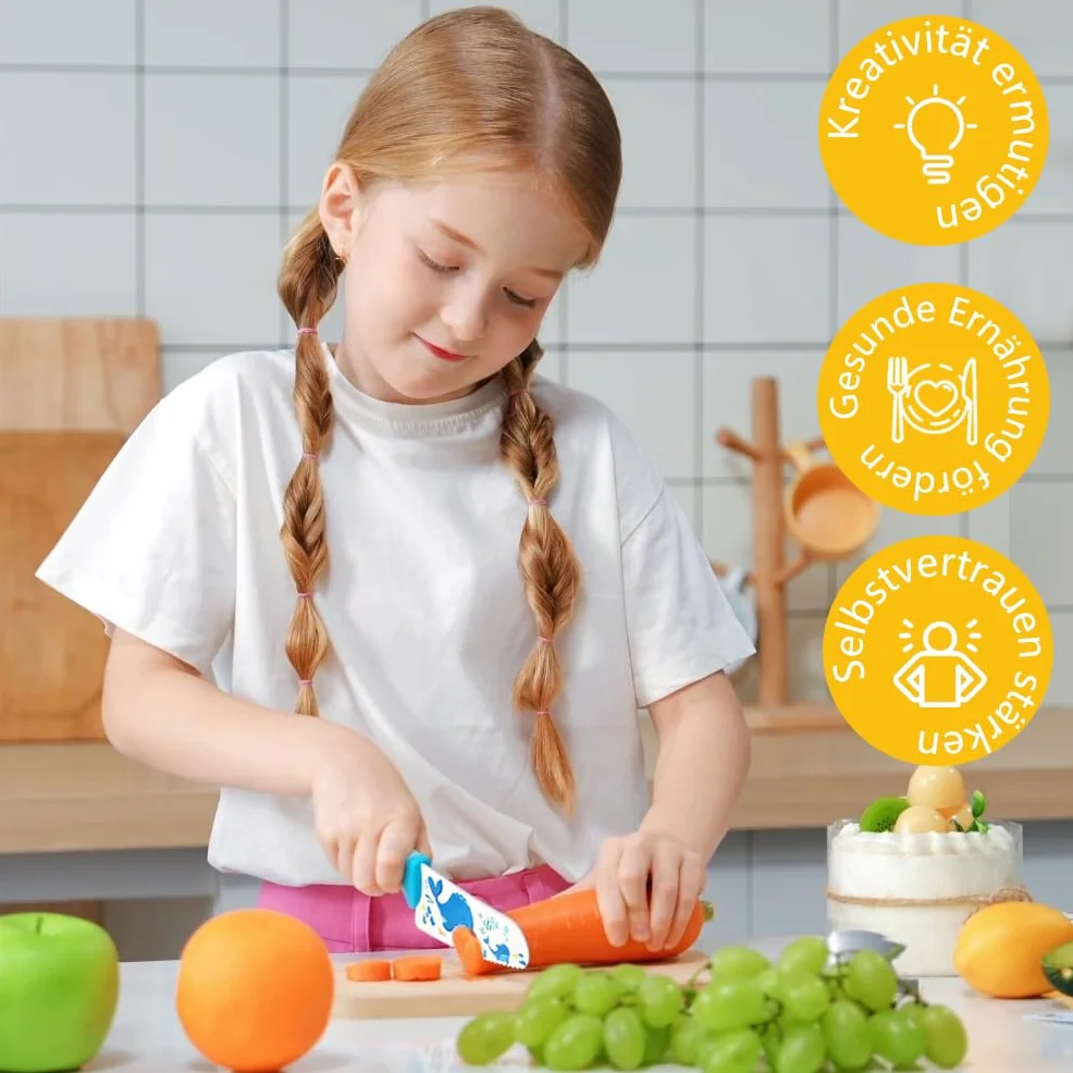 Kibbidea Coltello da cucina per bambini, 12 pezzi, in acciaio inox, per tagliare frutta o verdura, con pelapatate, coltello per bambini dai 3 anni in su