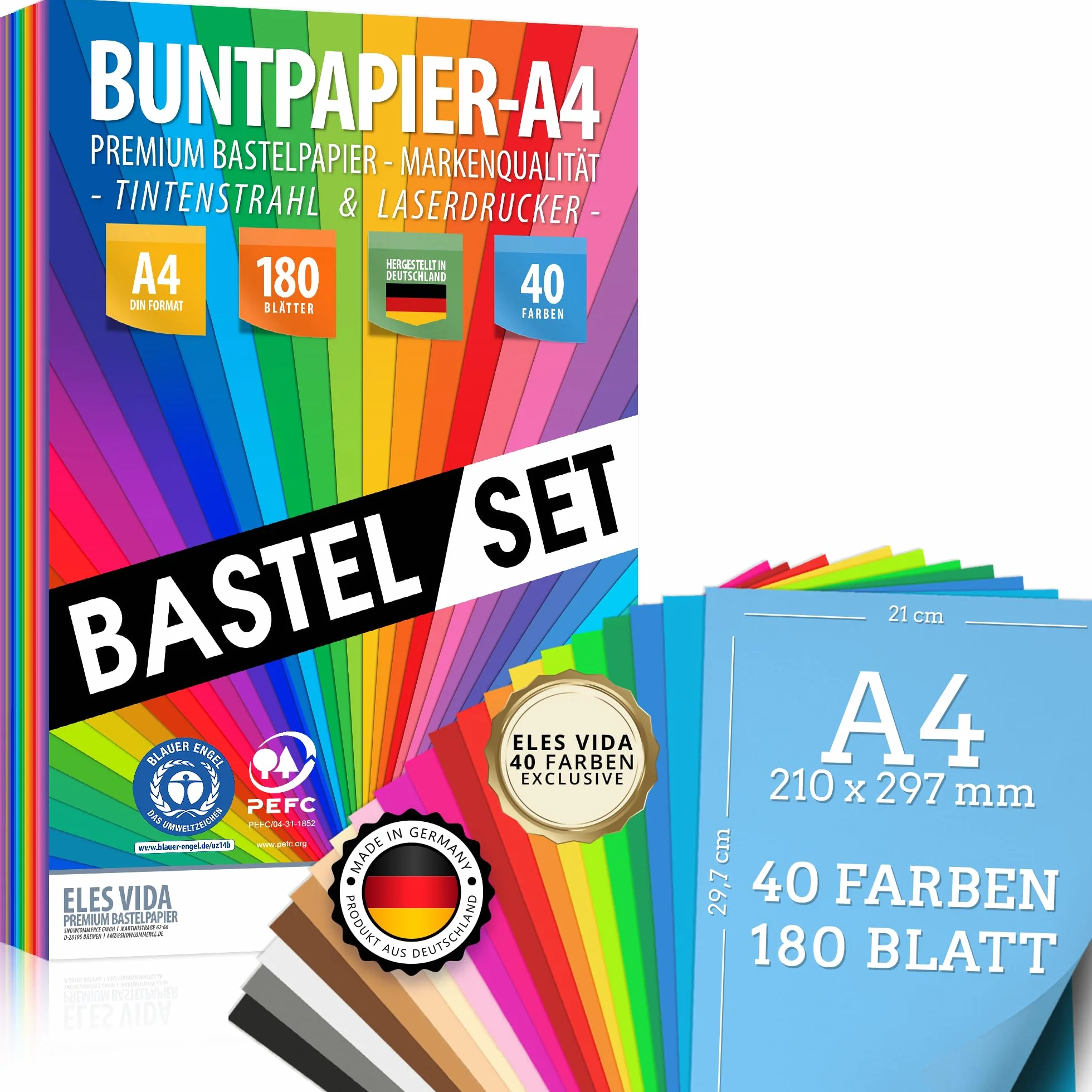 Carta colorata A4, 180 fogli, 40 colori assortiti, 80 g/m², carta di alta qualità per bricolage, fai da te, creatività, arte, lavoretti manuali e set per bambini, ideale per progetti artistici