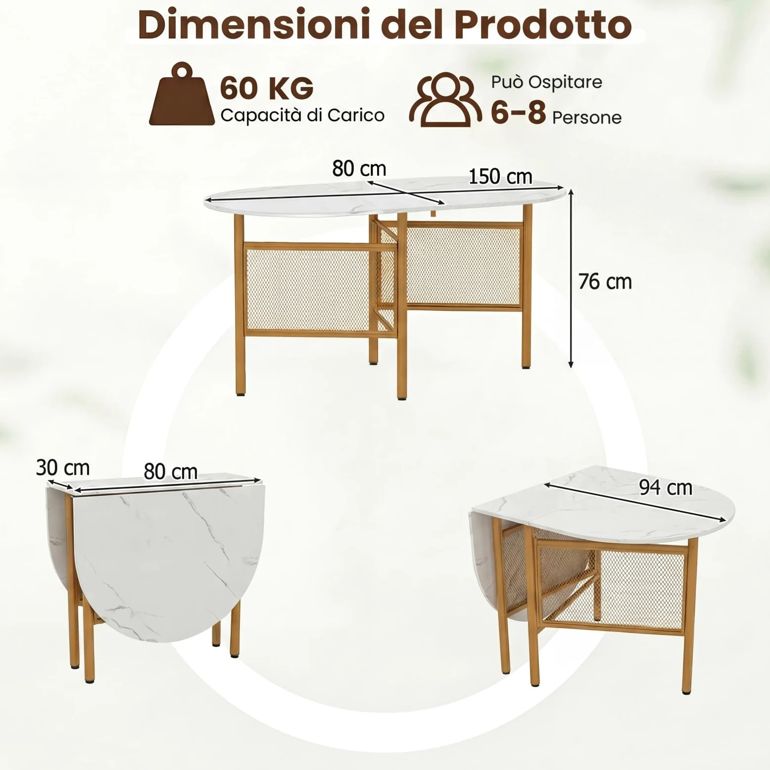 COSTWAY Tavolo da Pranzo Pieghevole per 6-8 Persone, Tavolo Consolle Estensibile Salvaspazio con Ali Ribaltabili con Ganbe in Metallo per Cucina e Soggiorno, 150 x 80 x 76 cm (Bianco)