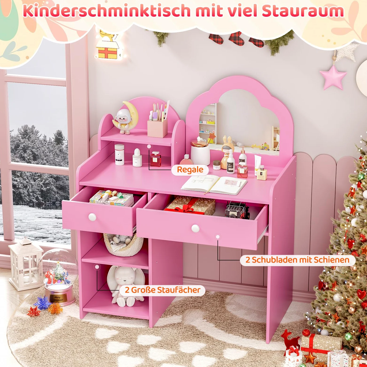 MAMIZO Toeletta Trucco Bambina, Tavolino da Trucco per Bambine con Specchio Rimovibile, 2 in 1 Toeletta per Bambini con Sgabello e Cassetti, Robusto e Stabile, 73,5x40x90,5cm (Rosa)