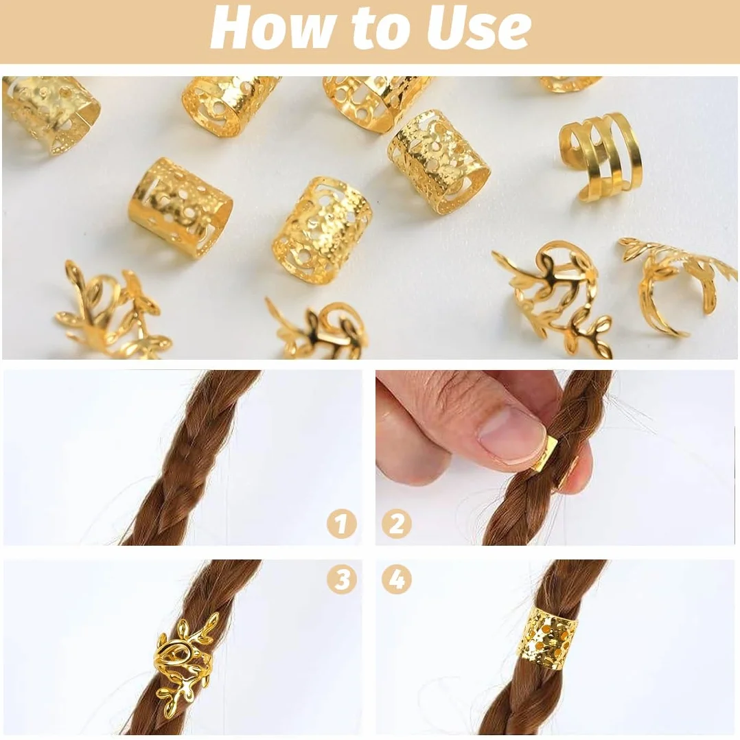 BAUCH Anellini Metallici Oro per Dreadlocks, Accessori Capelli Vichinghi e Pirati, Spirali Regolabili 40 Pezzi