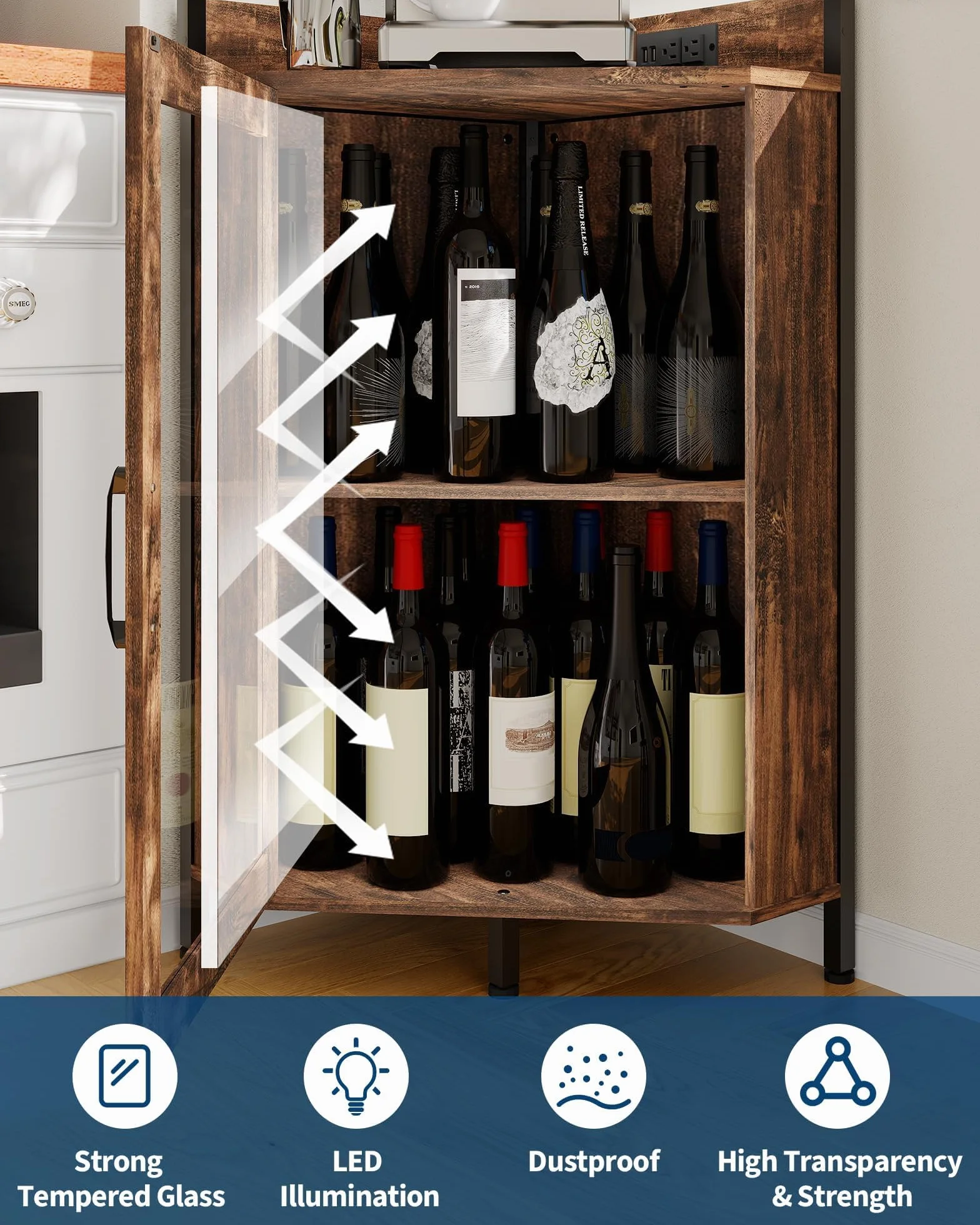 Elegante Mobile Portabottiglie Curvo in MDF, Struttura Stabile e Salvaspazio, Facile Da Pulire, Ideale Per Soggiorno, Sala Da Pranzo e Cucina