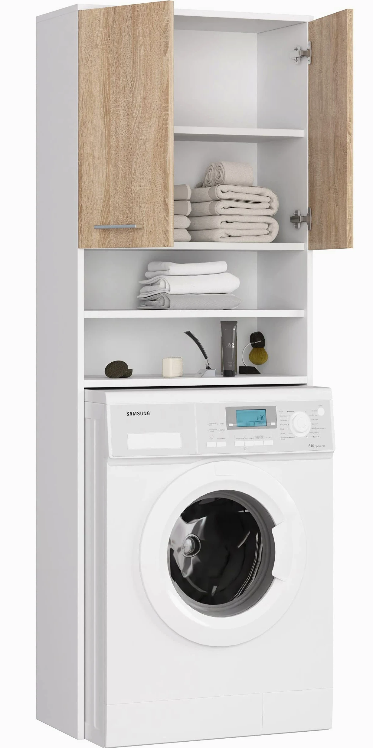AKORD | Armadio Pensile per Lavatrice | Armadio di trasformazione con 2 ante, 2 Ripiani Aperti | Archivio per bagno | Cassettiera per lavatrice | 64x180x30 cm | Peso 30 kg | Bianco/Rovere Sonoma