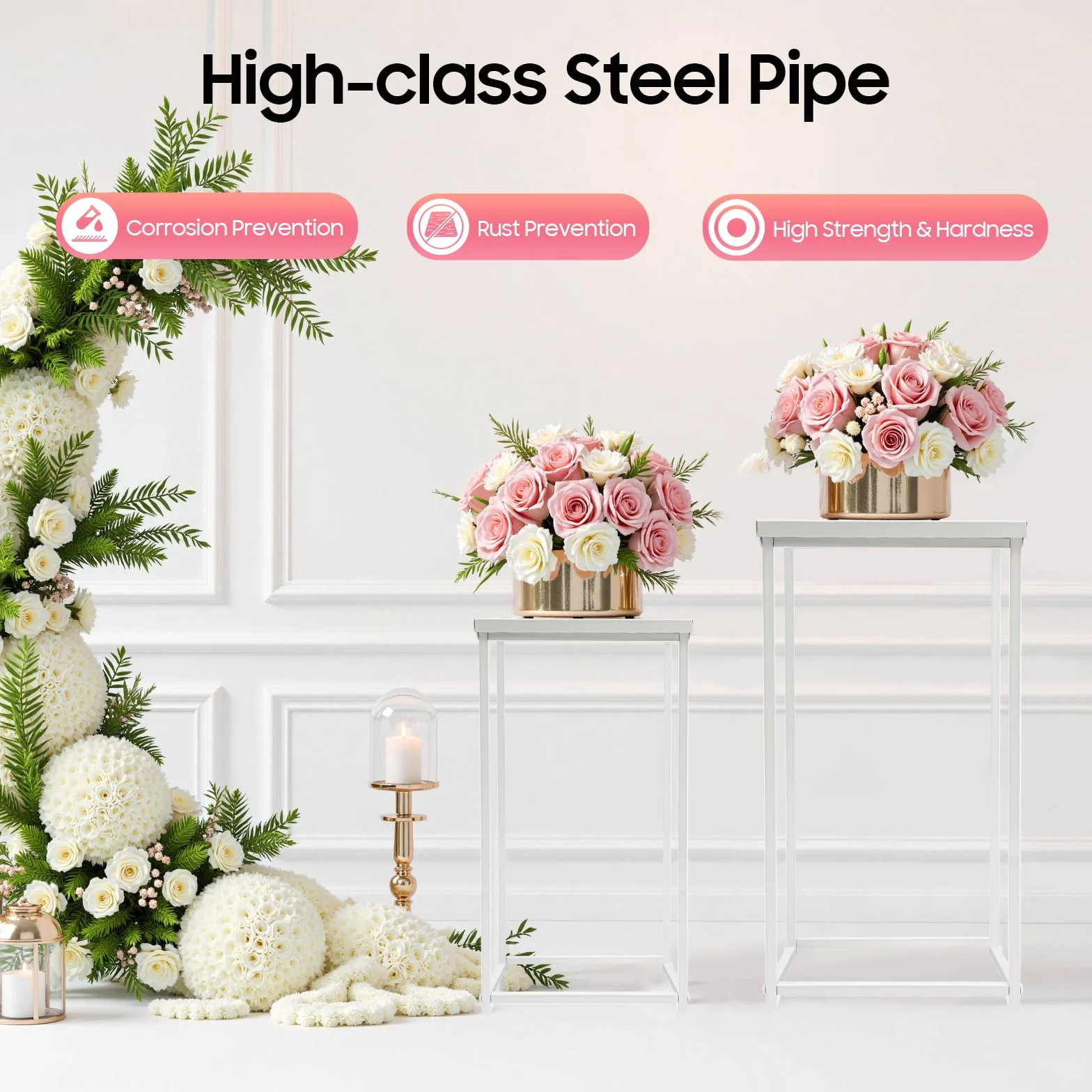 Set di 4 Sgabelli per Fiori, In Metallo, Forma Rettangolare, Supporto Per Colonna Vaso Geometrico Espositore Per Fiori Decorazione a Colonna, Bianco, 4 dimensioni
