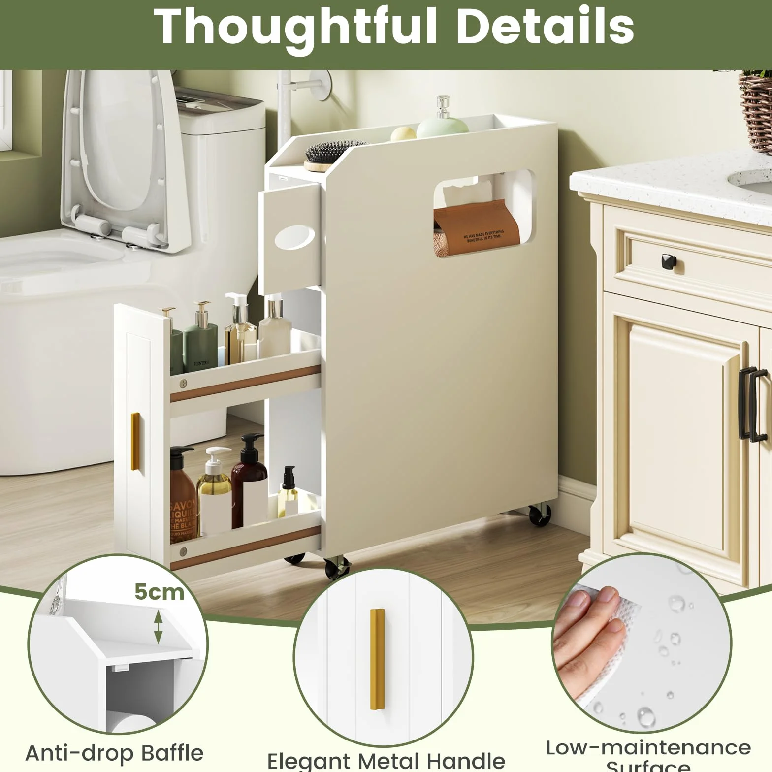 GIANTEX Piccolo Mobile da Bagno 16 cm, Armadietto da Bagno Stretto, Porta Carta, Porta Spazzola, Mobile WC Compatto con Cassetto e Ruote, Organizzazione del Bagno per Spazio Piccolo, Bianco