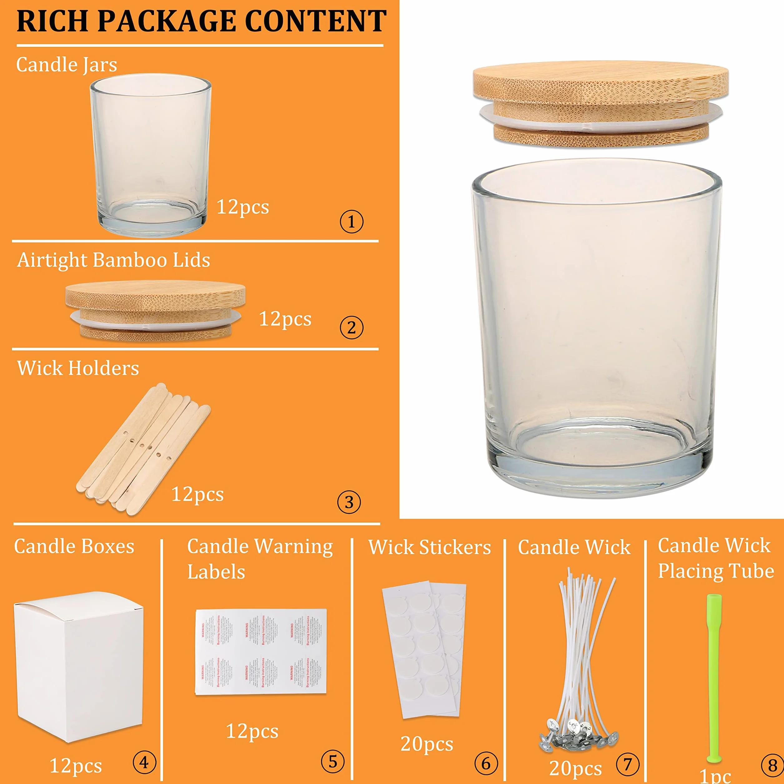12 barattoli per candele in vetro trasparente 355 ml con coperchio contenitori spezie