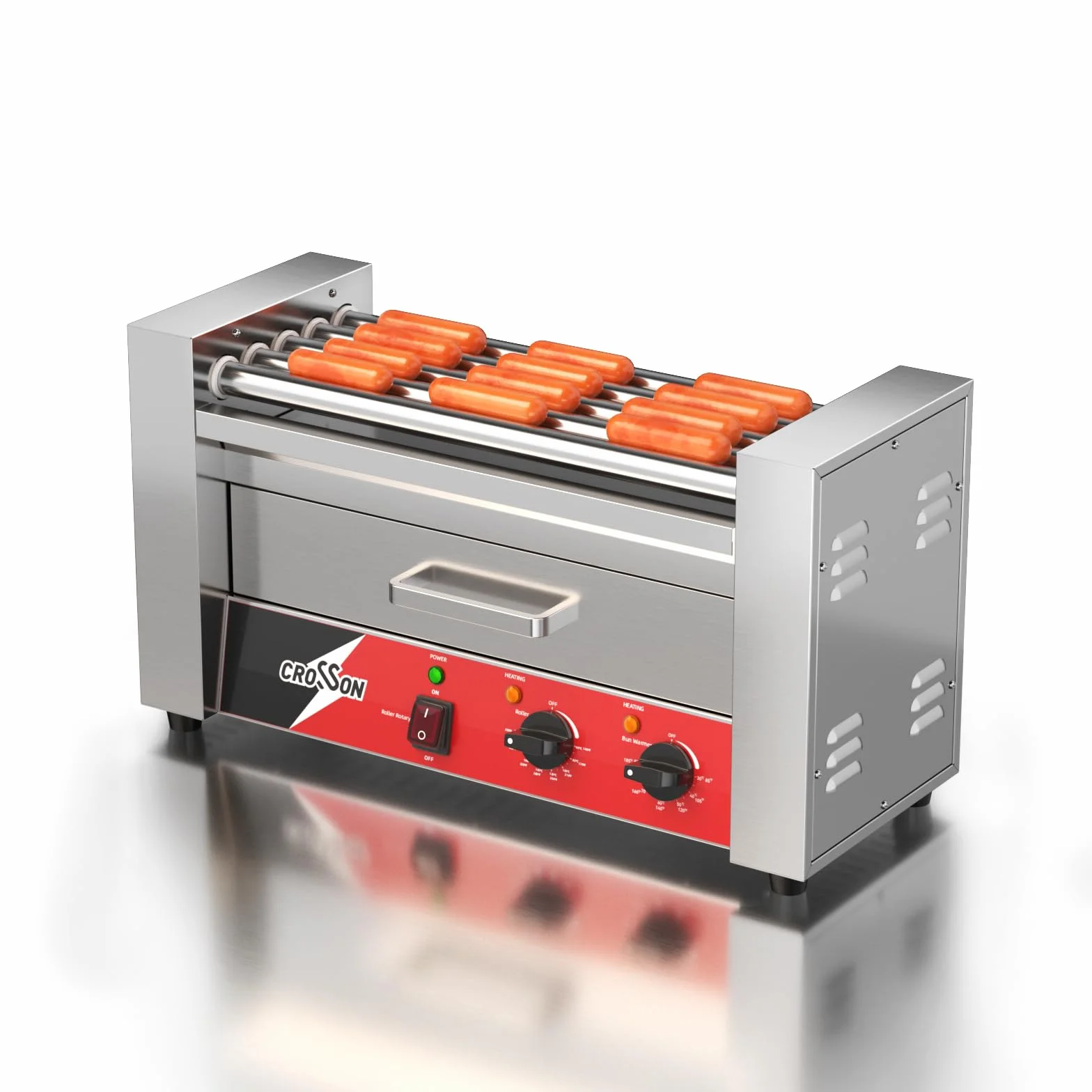 CROSSON Macchina Hot Dog Professionale 5 Rouley con Cassetta Riscaldante per Panini,12 Hotdogs Rullo Elettrico per Hot Dog con Controllo della Temperatura,1050W