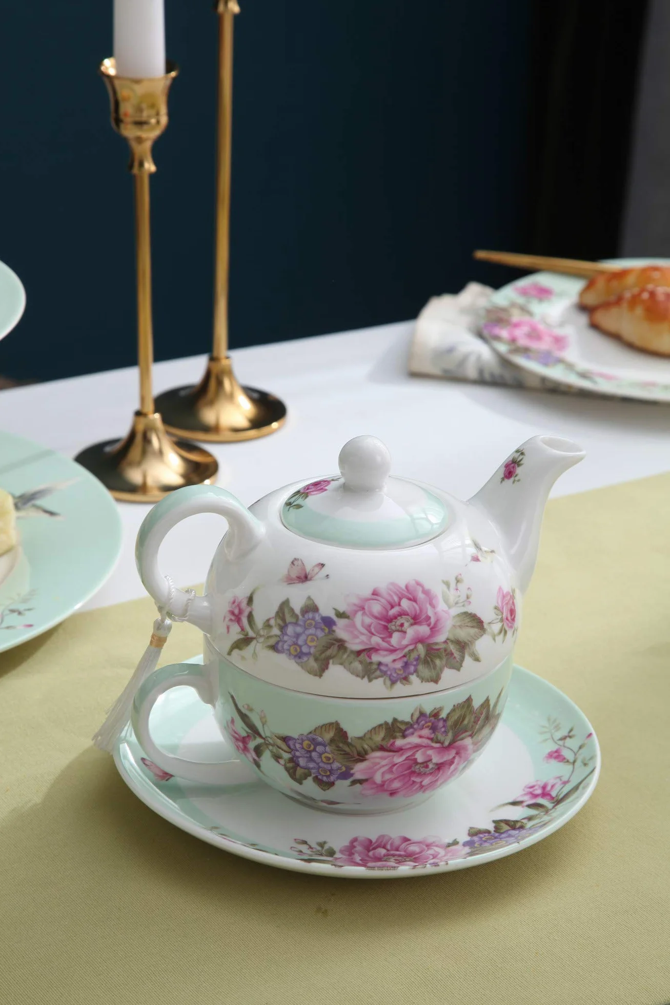 Shaby Zestaw Herbaty dla Jednej Osoby Porcelana Motyw Kwiatowy Ptaszek Róż Motyl Prezent