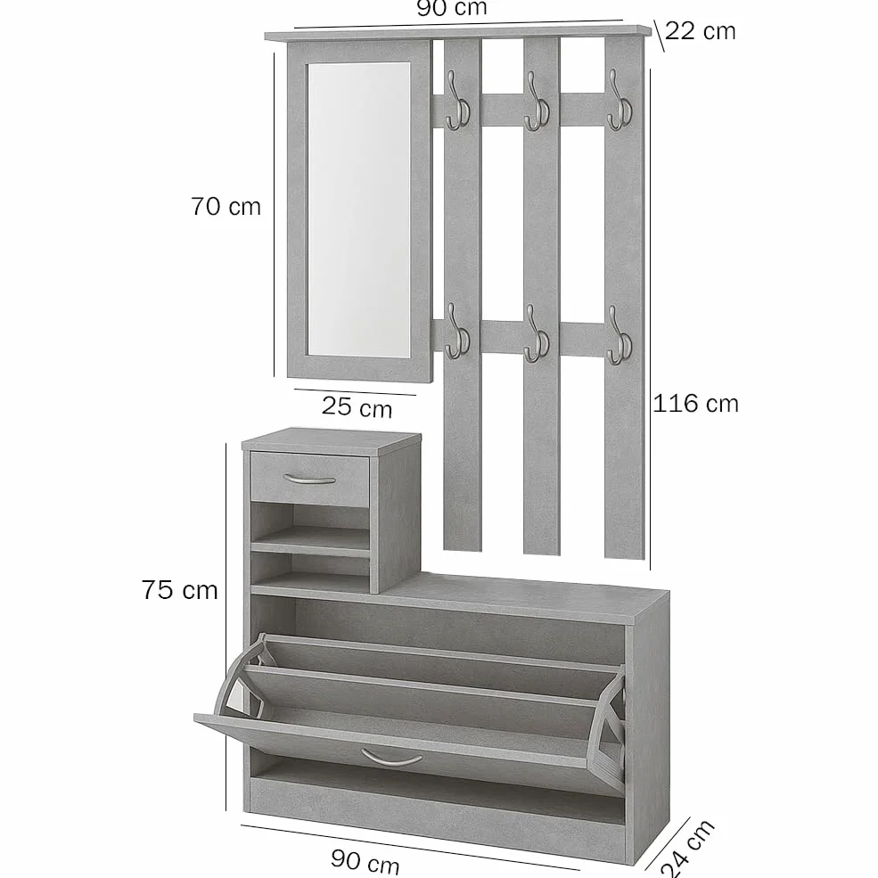 BAKAJI Set Mobili Ingresso Design Moderno con Scarpiera Panca Cassetto Specchio Rettangolare e Appendiabiti Attaccapanni 6 Ganci da Parete Casa Design Moderno in Legno (Grigio)