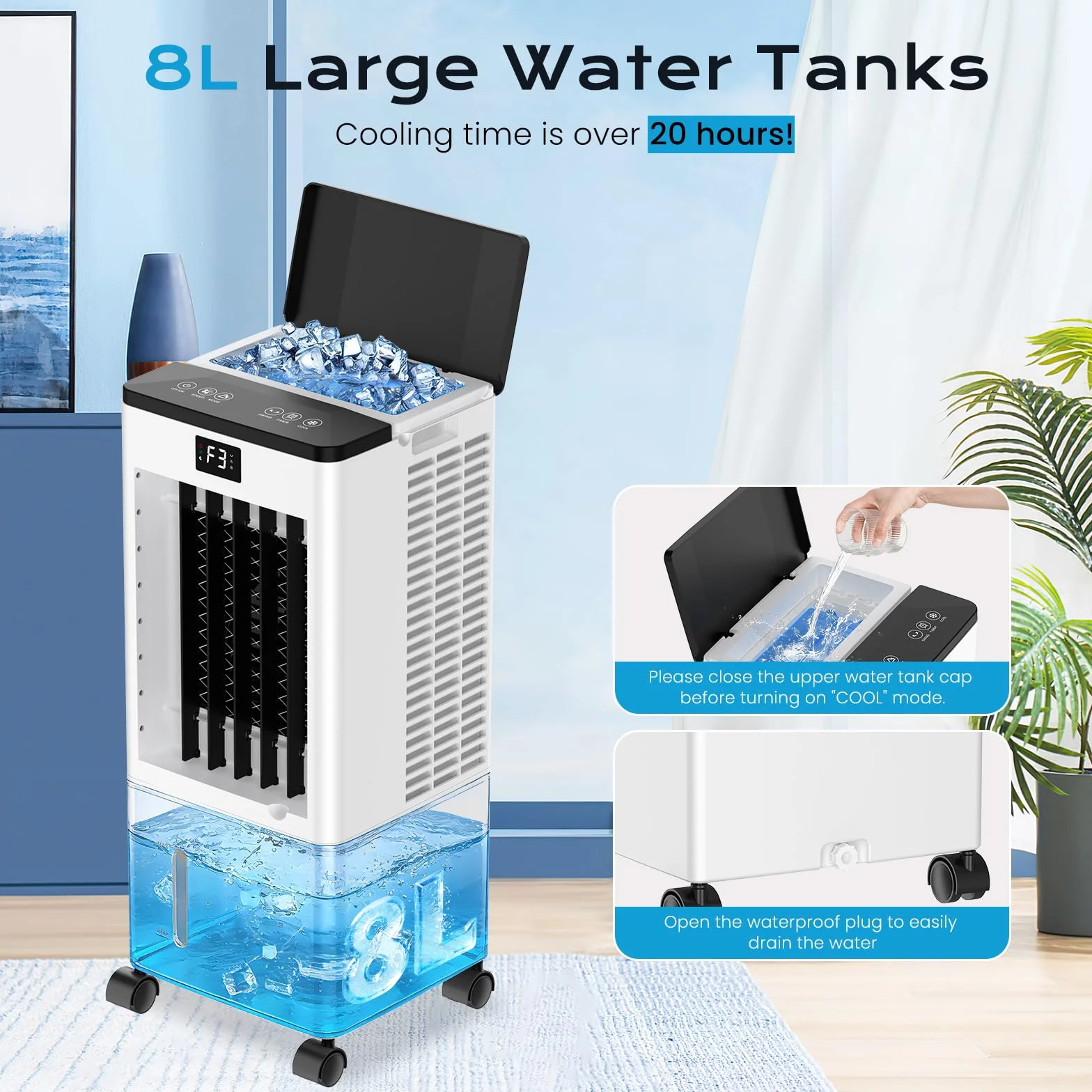 Condizionatore Portatile Senza Tubo Silenzioso, 60W Raffreddatore d'Aria 4 in 1, 4 Modalità 3 Velocità, Oscillazione 60°&120° Timer 1-12 H, con Telecomando, 4 Bottiglie di Ghiaccio per Casa e Ufficio