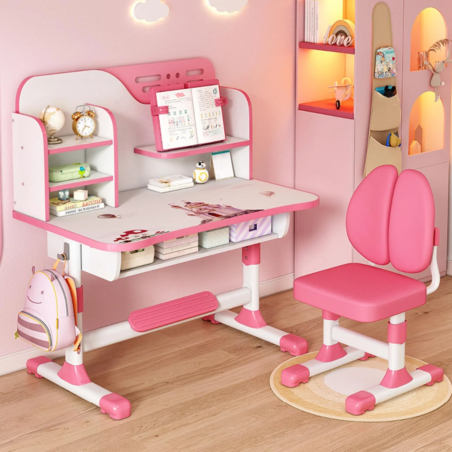 Set di scrivania e sedia per bambini, regolabile, per scuola, scrittura, compiti, studio, scrivania ergonomica con grande lavagna, libreria e cassetto, rosa