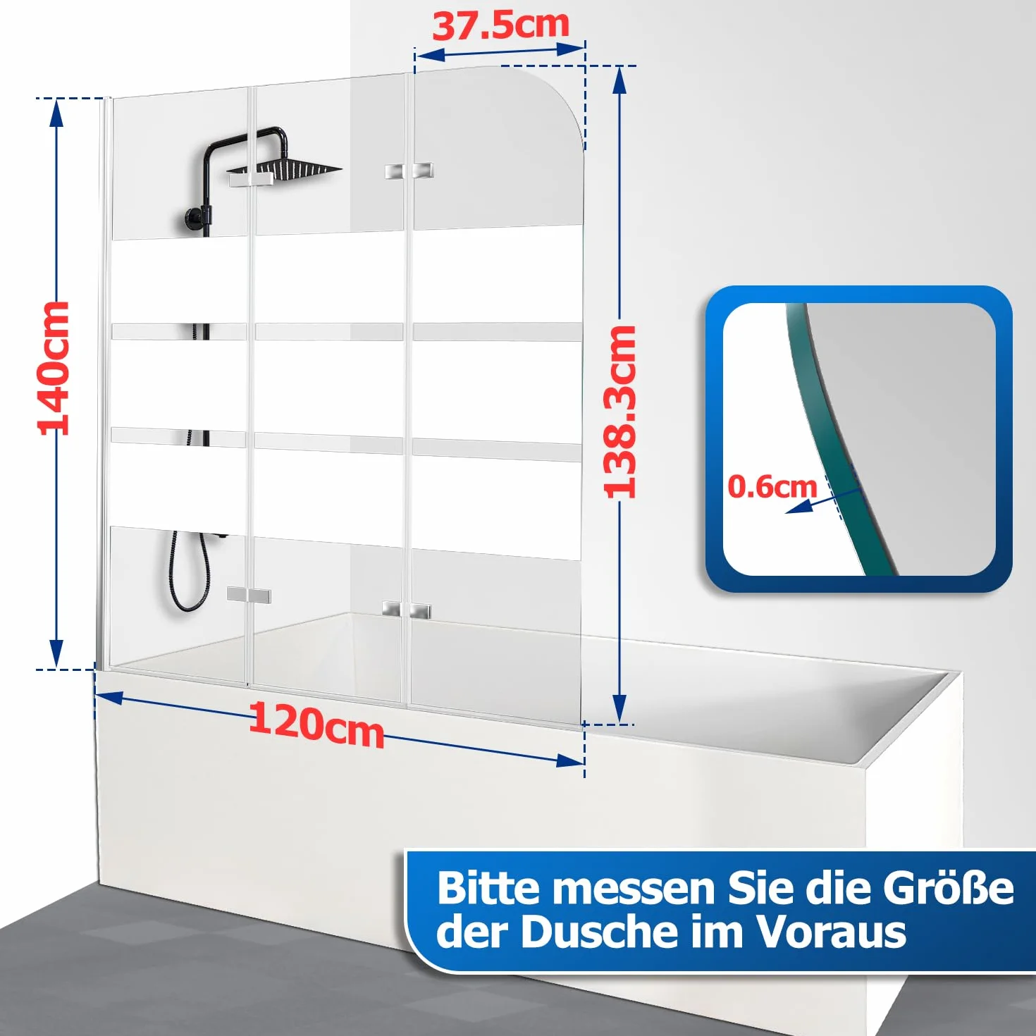 Pannello doccia per vasca da bagno, 120 x 140 cm, pieghevole, 3 pezzi, in vetro di sicurezza EGS da 6 mm, per doccia e vasca da bagno, strisce bianche