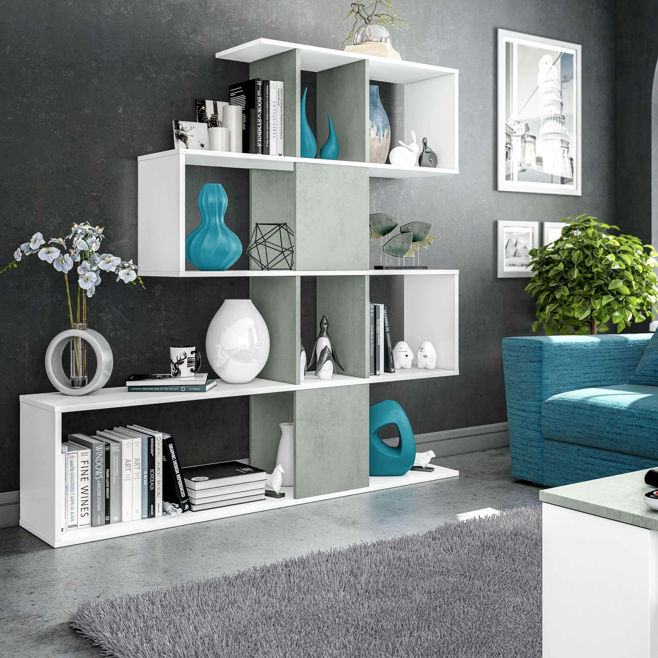 Dmora Kafka H03 Libreria, Grigio/Bianco, 145 x 29 x 145, Melamina