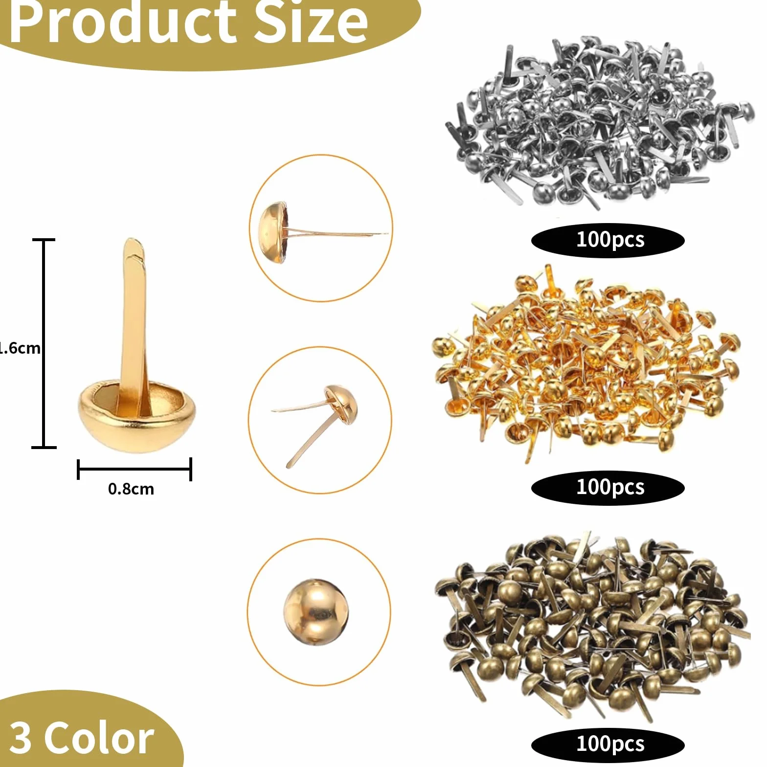 300 pezzi clip per sacchetti campione dorati, clip a testa tonda, clip per sacchetti campione, clip a testa tonda in metallo, punti metallici per album, fermagli per carta