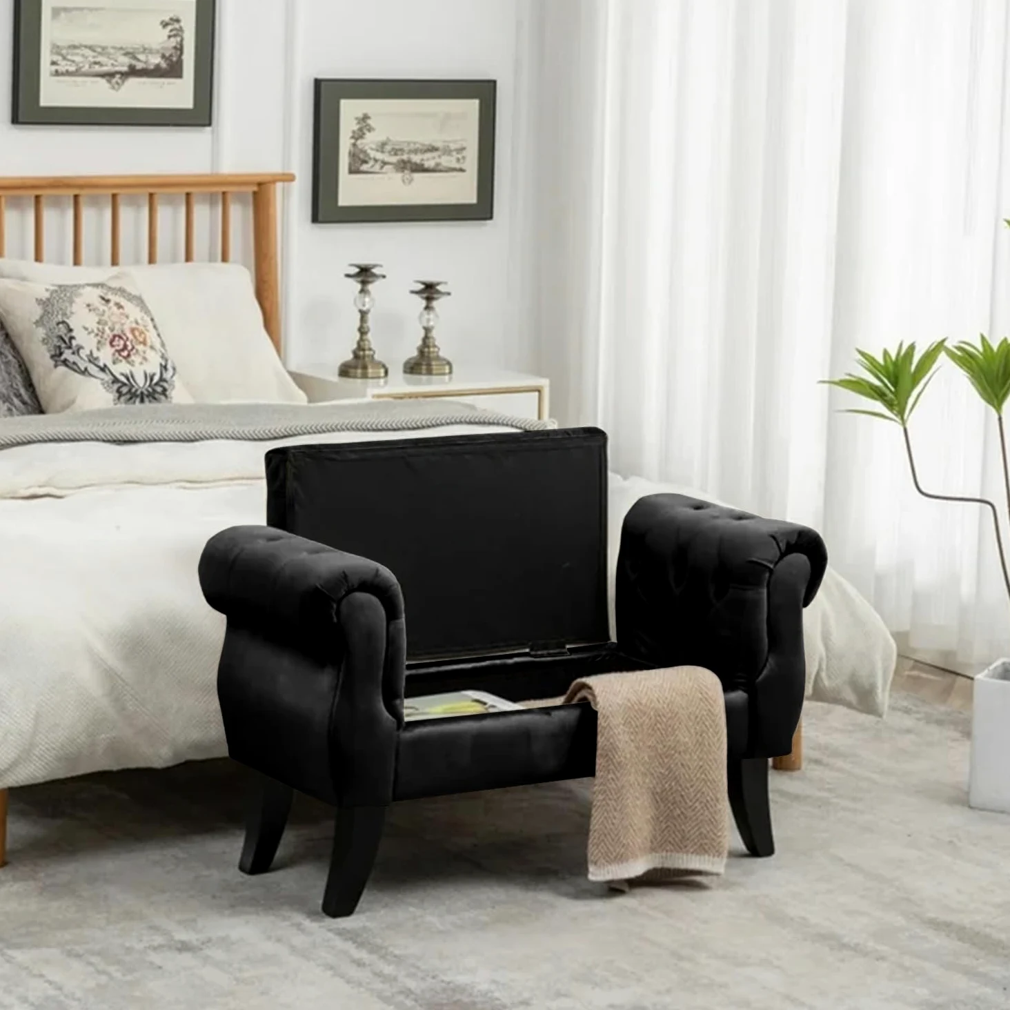 IlGruppone Divanetto in Velluto Panca Contenitore Pouf PortaOggetti Panca Sgabello A Pie di Letto Cassapanca Ingresso Legno Massello Panchina - Nero