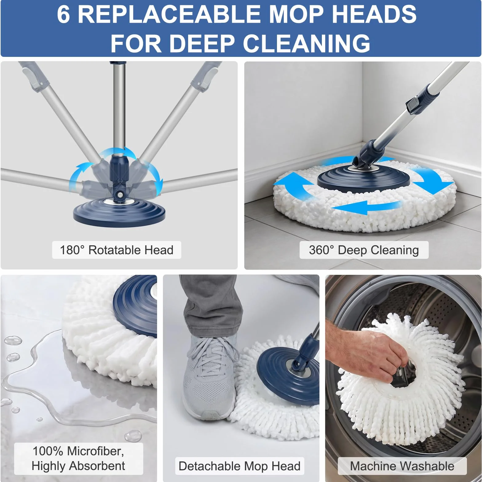 Mocio e Secchio Lavapavimenti, Set Mop e Secchio con 4 Camere e 4 Ruote, Separazione Acqua Pulita e Sporca, 360° Mocio Rotante con Strizzatore Sistema di Pulizia Pavimenti con 6 Teste di Mop