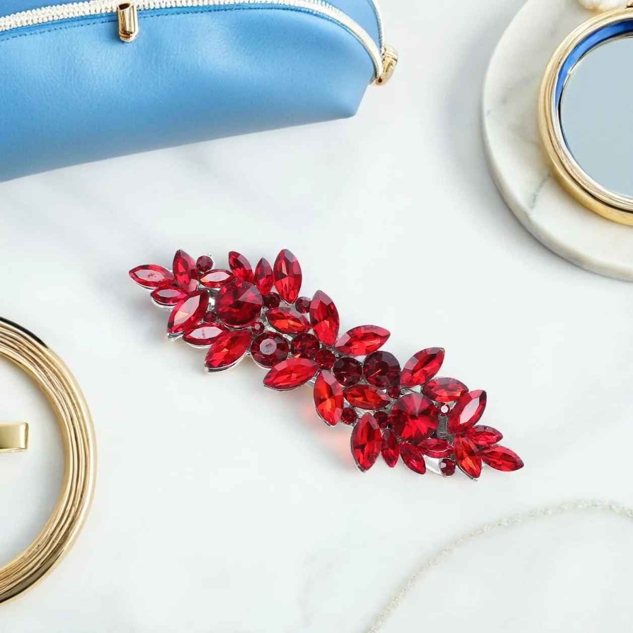 Fermagli Per Capelli di Strass Cristallo Rosso Gioielli per Damigelle d'Onore Matrimonio