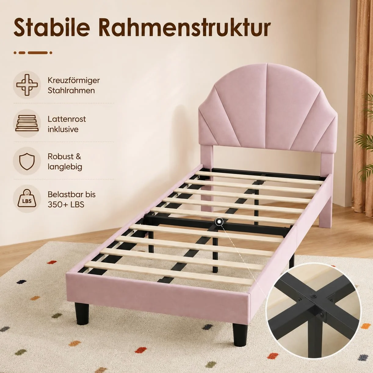 Letto singolo 90 x 200 cm, letto per bambini imbottito con rete a doghe per bambina, letto giovane imbottito con testiera regolabile per cameretta dei bambini, senza materasso