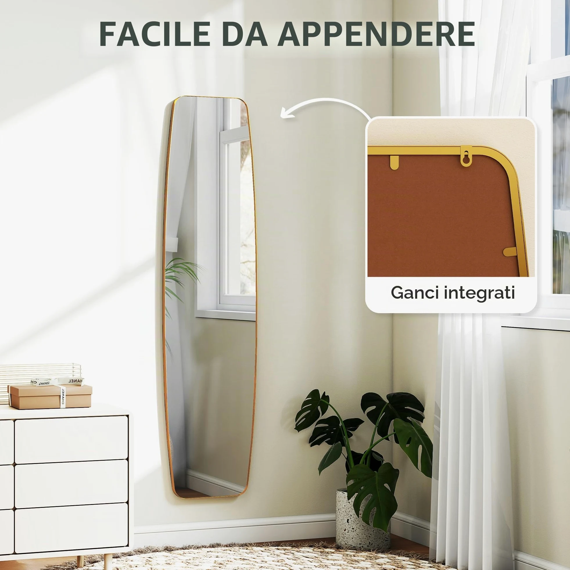 HOMCOM Specchio da parete, 160 x 40 cm, con angoli arrotondati, finestra con cornice in metallo, decorazione per corridoio, camera da letto, soggiorno, oro