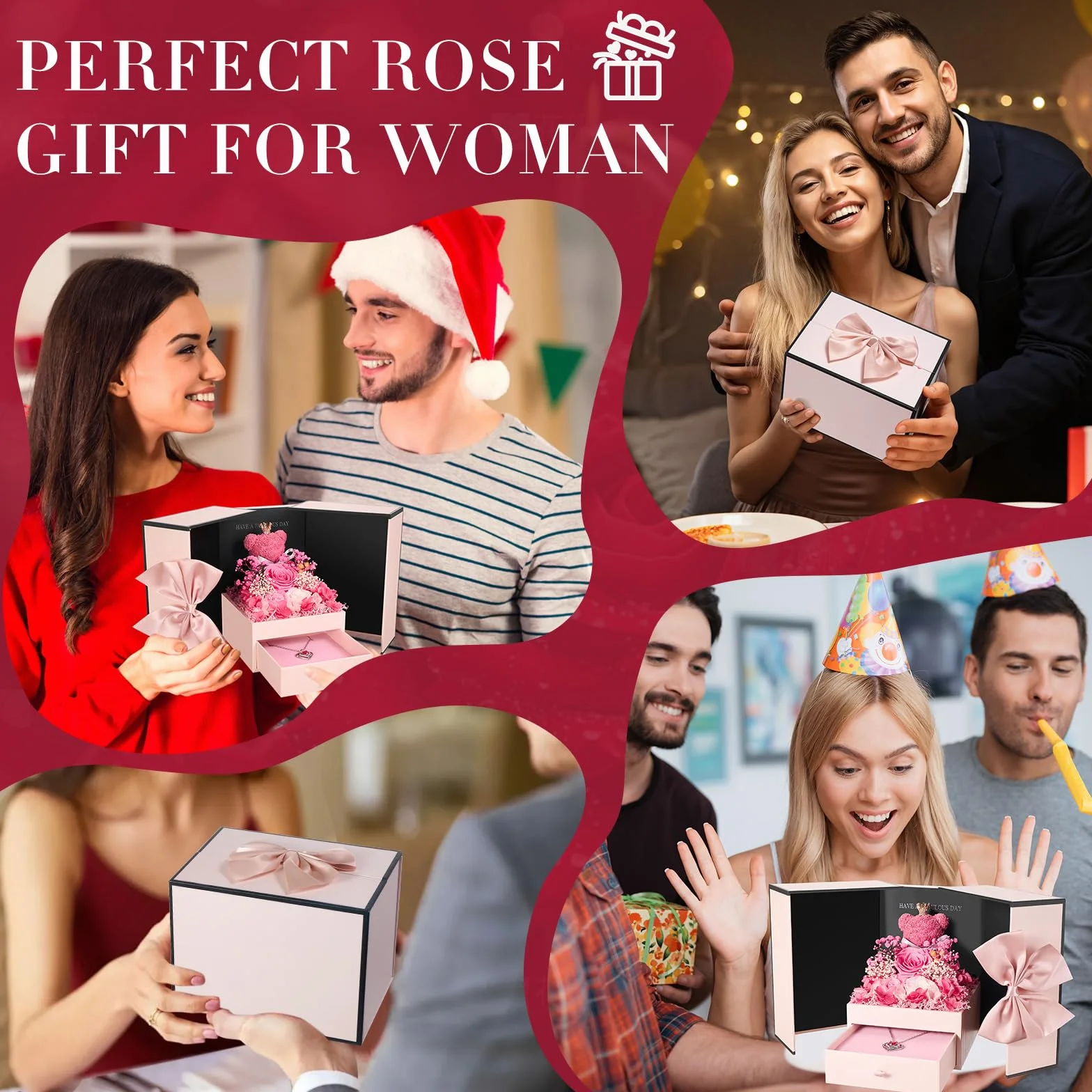 Rosa Eterna Regalo Donna, Collana e Orso di Muschio, Preservada Fiori Confezione Regalo per Festa Mamma, Natale, Compleanno, San Valentino