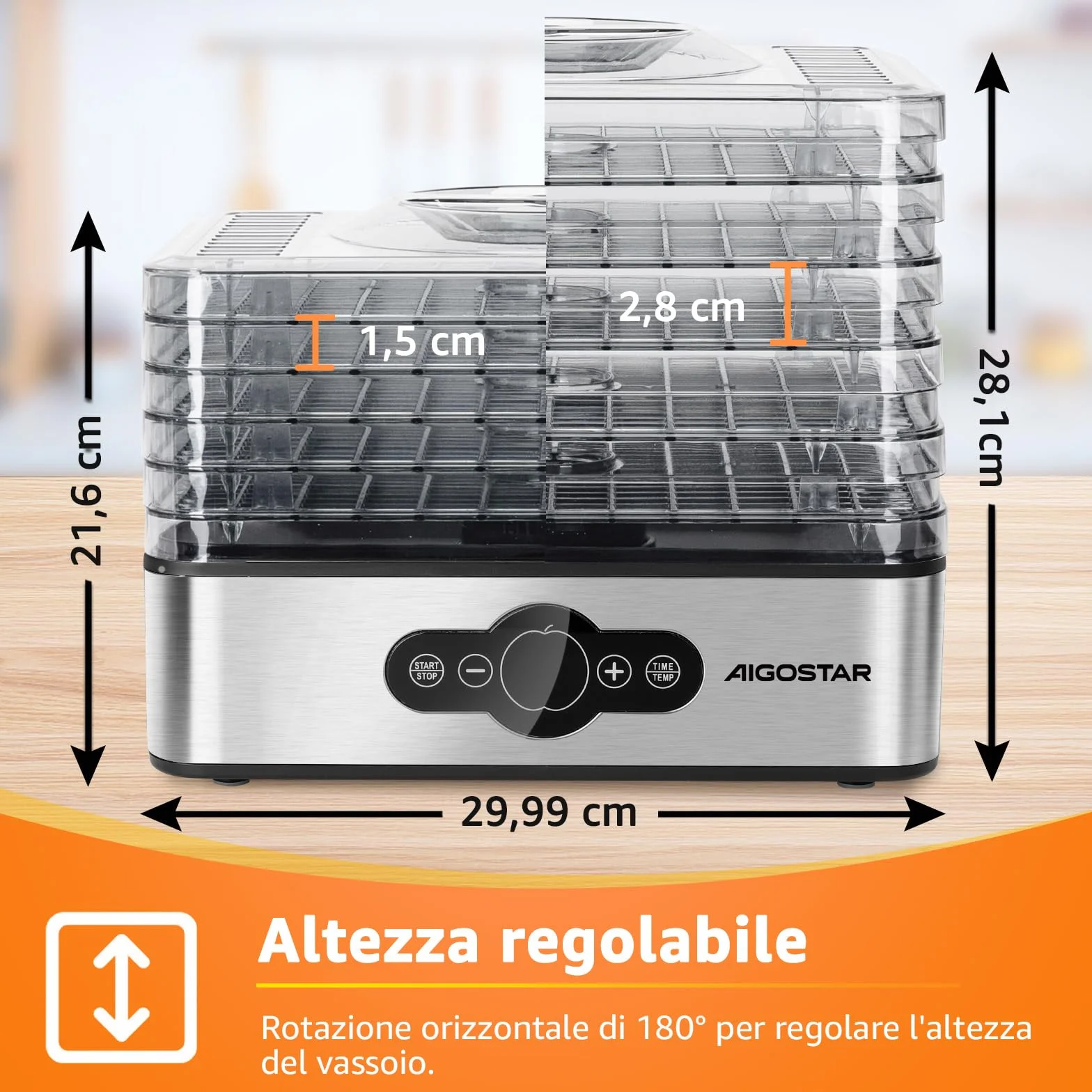 Aigostar Crispy - Essiccatore alimentare, 240W, 5 vassoi, essiccatura automatica, ottimo per frutta, carne, verdura ecc. controlli digitali, impostazione manuale di tempo e temperatura. Senza BPA.
