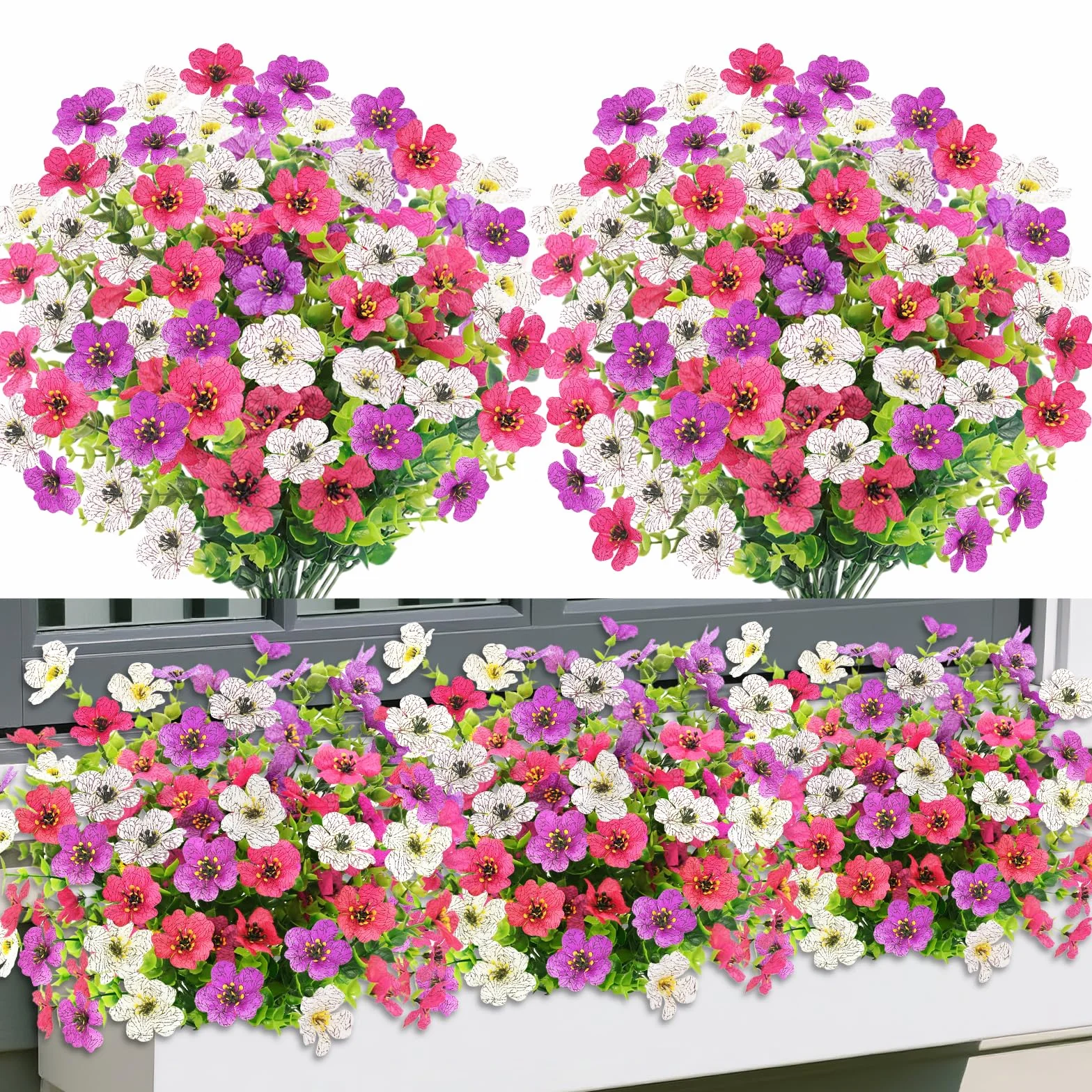 Fiori Finti da Esterno UV-Resistenti, 6 Fasci 3 Colori Piante da Vaso Artificiali per Balcone