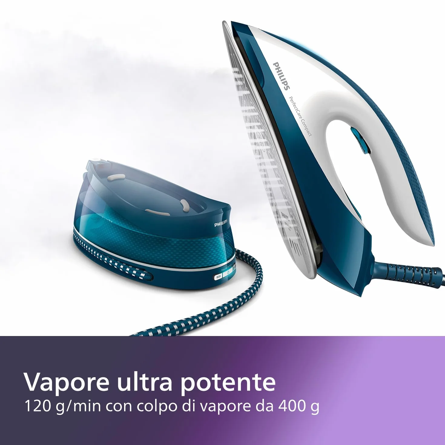 Philips PerfectCare Compact Ferro da Stiro con Caldaia - 2400W, Colpo di Vapore 400g, Pressione 6,5 Bar, Tecnologia OptimalTEMP, Serbatoio 1,5 l, Bianco/Blu (GC7844/20)
