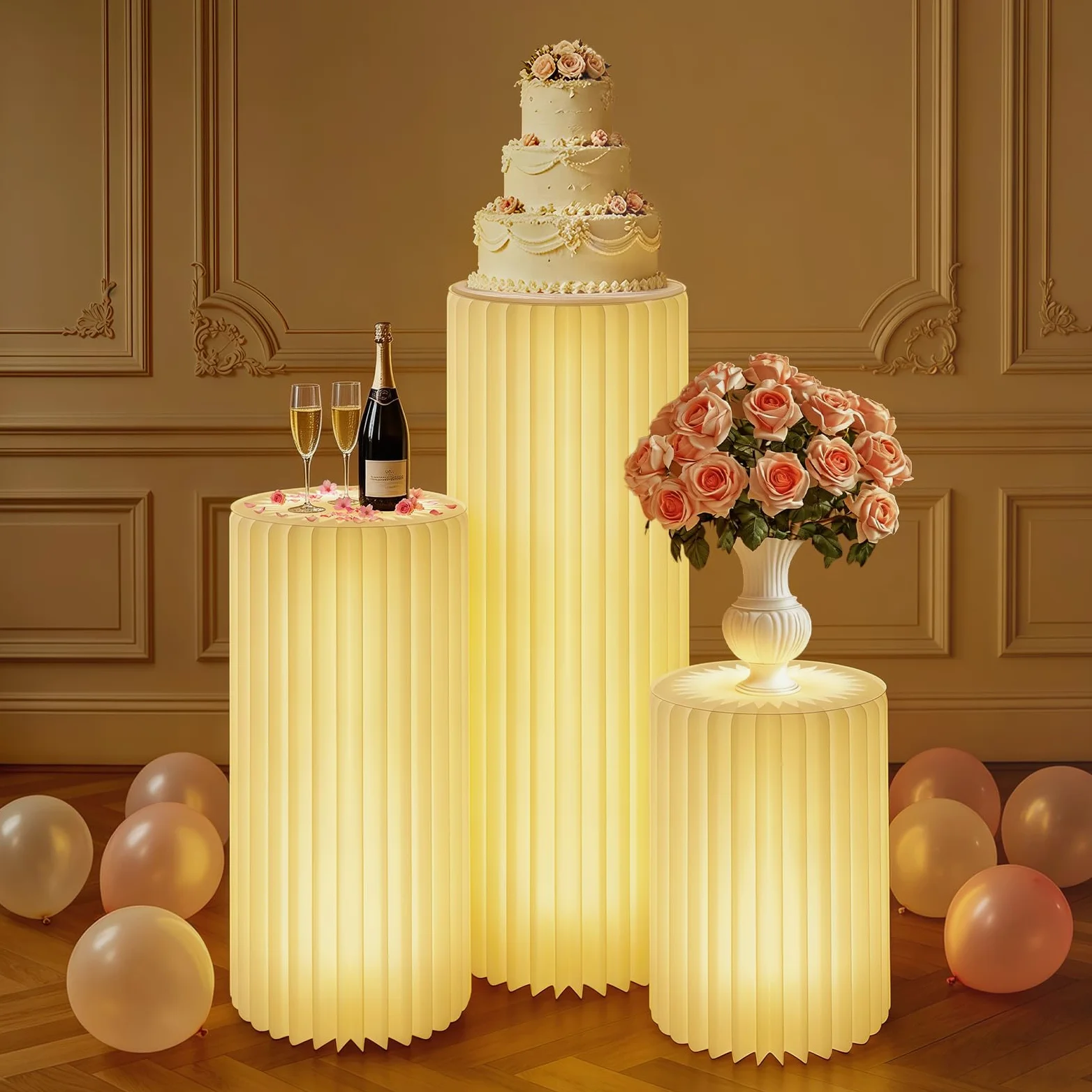 3 supporti cilindrici con luce per feste con piedistallo rotondo leggero supporto cilindrico piedistallo pieghevole in cartone colonne cilindriche tavoli per baby shower compleanno matrimonio