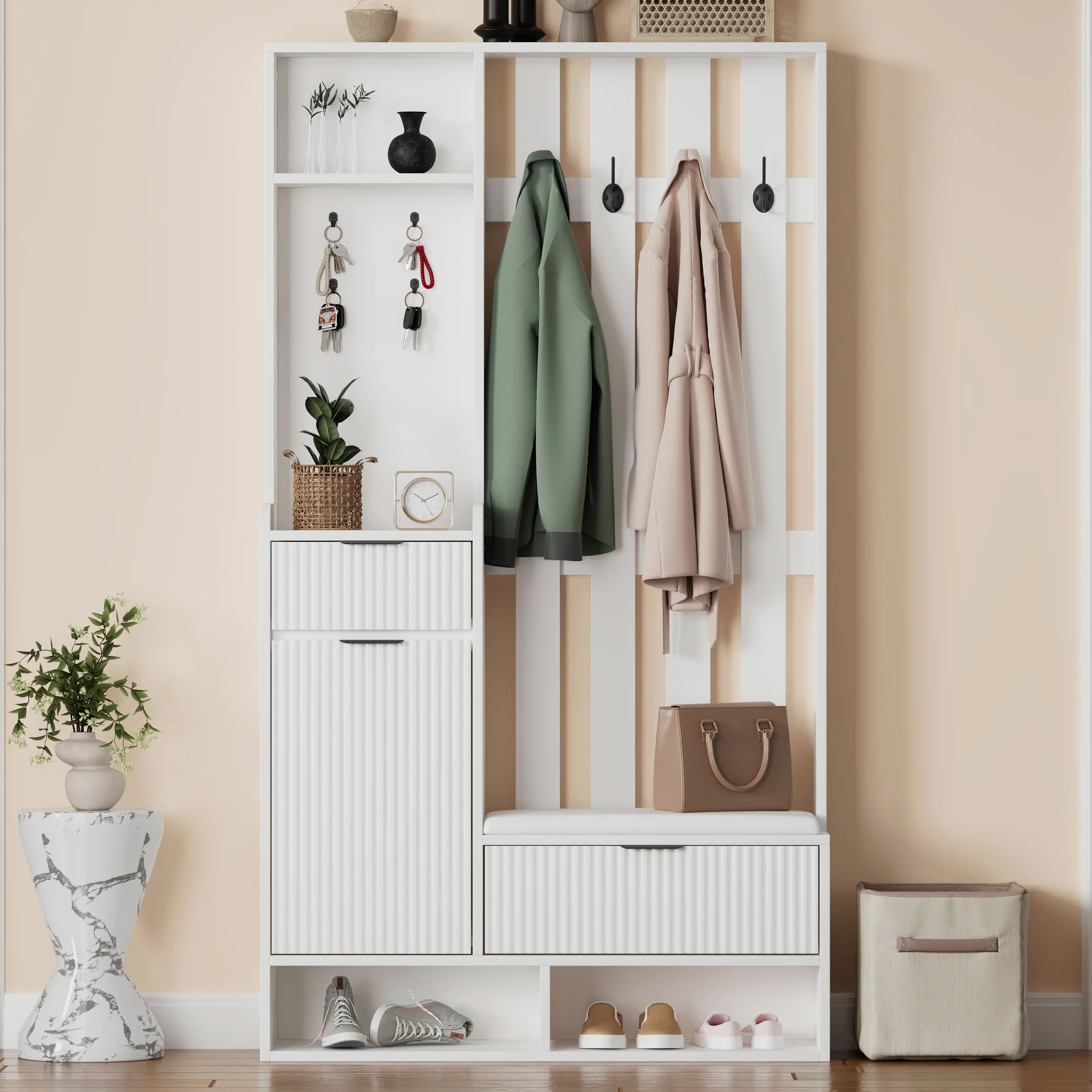 100 x 30 x 180 cm, 6 in 1, con 8 ganci, protezione antiribaltamento, appendiabiti compatto con cassetti e armadi, larghezza 100 cm, colore: bianco