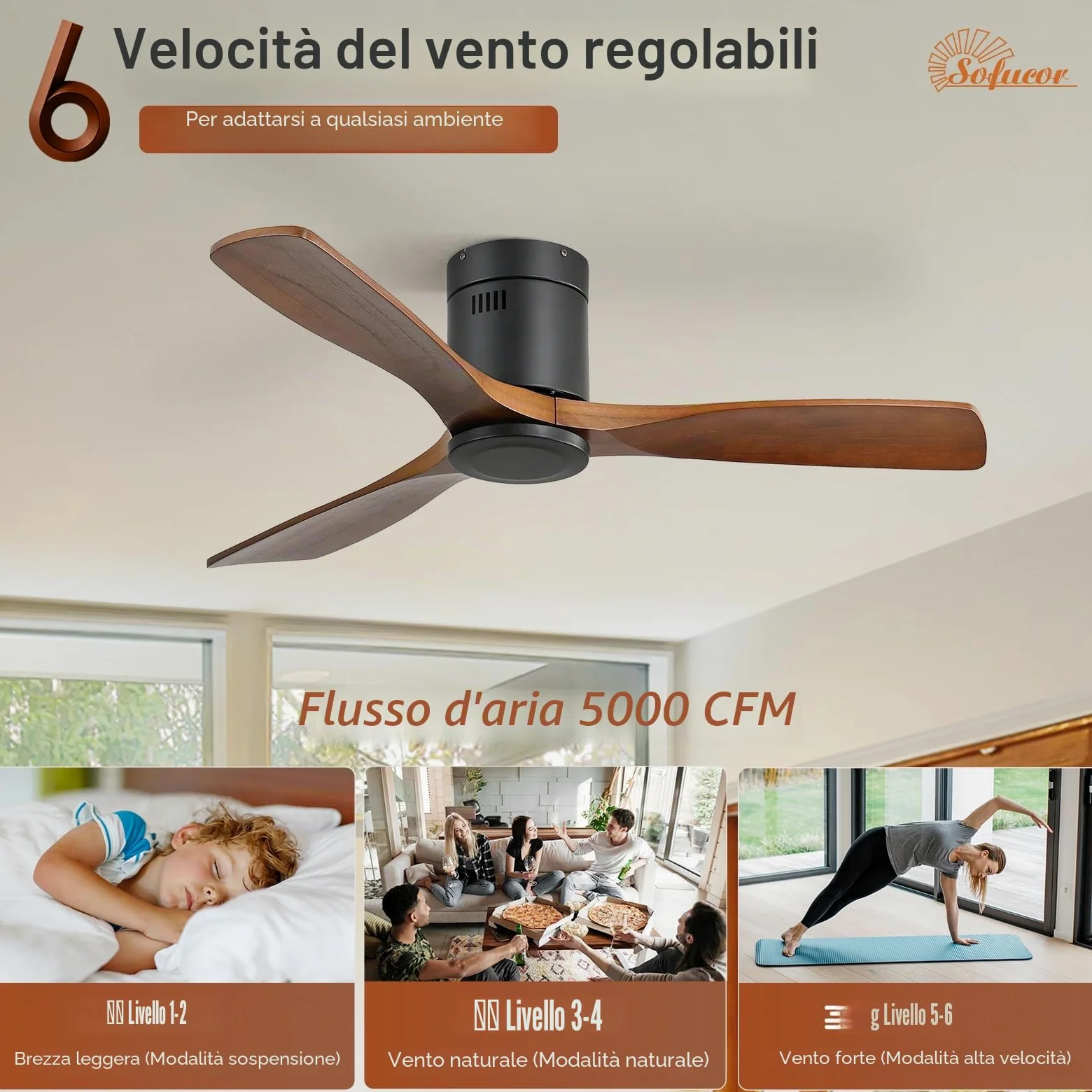 Sofucor 132cm Ventilatore da Soffitto in Legno Massiccio, Telecomando, 6 Velocità, Timer, Motore DC Silenzioso Ventilatore Soffitto per Soggiorno, Cucina, Camera da Letto