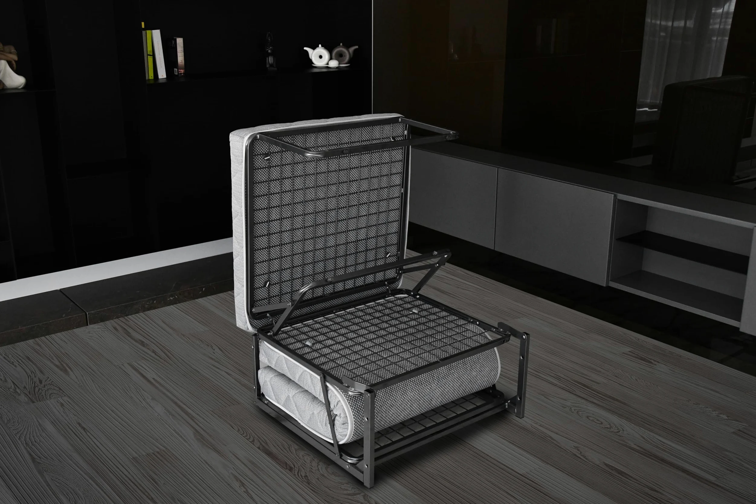 Nuvole di Sonno- Pouf Letto Reverso con Materasso in Waterfoam Alto 11 cm, Tessuto Sfoderabile e Lavabile, Rete Ortopedica Pieghevole, Salvaspazio per Camera e Soggiorno, Design Moderno Made in Italy