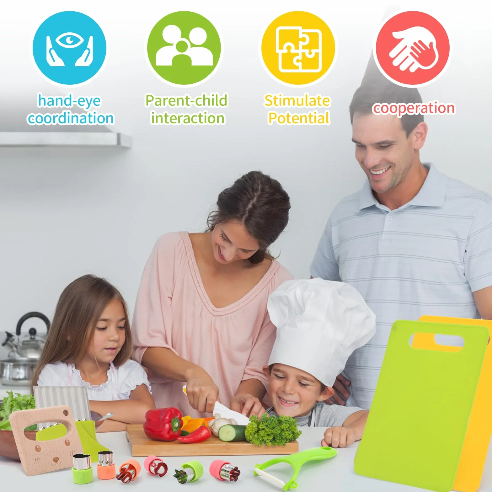 Set di 28 Coltelli da Cucina per Bambini per la Cucina Reale, Strumenti da Montessori Toddler, con Guanti Tagliere Frutta Verdura Taglierini in Plastica per Bambini.