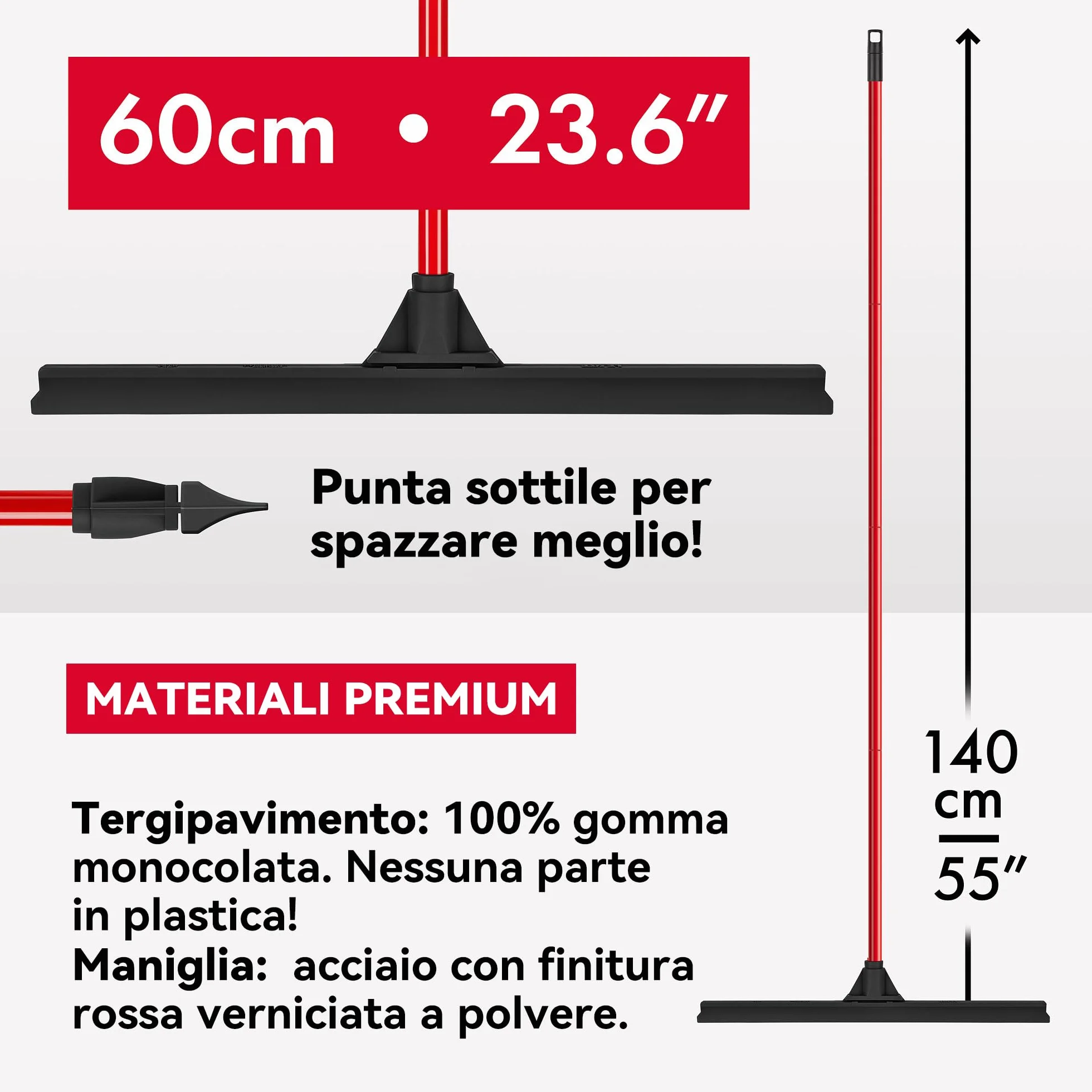 Tyroler Tira Acqua Pavimenti esterno da 60 cm | Testa in Gomma 100% | Manico Antiruggine da 140 cm tergipavimento spingiacqua | tiraacqua pavimenti esterni | tiracqua per pavimento