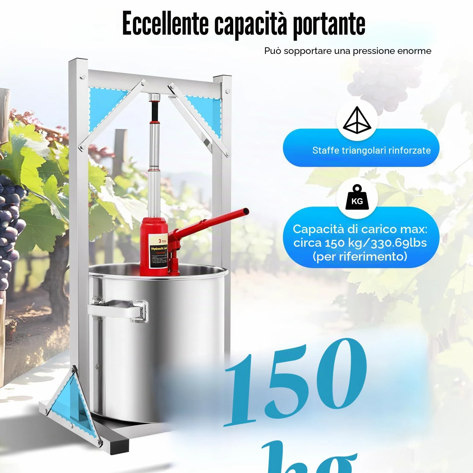 Torchio Idraulico per Frutta 22L, Spremifrutta in Acciaio Inox per Vino, Succo, Pressa Professionale Compatta, Uso Domestico e Cantina, con Filtro e Manici