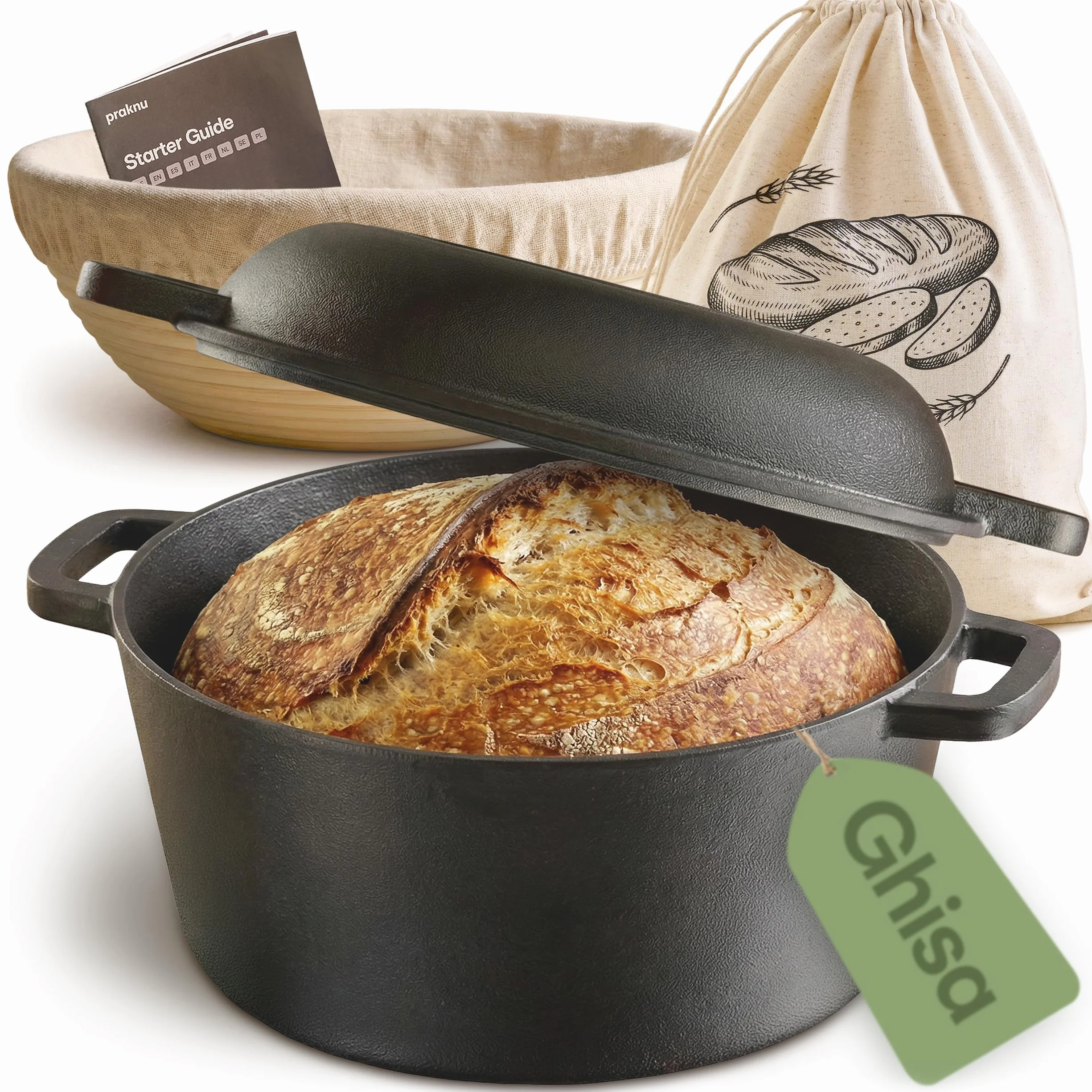Praknu Pentola Ghisa 26 cm – Casseruola In Ghisa Set – con Cestino Lievitazione & Sacchetto Per Pane – Coperchio Incluso – 4,7 L Dutch Oven