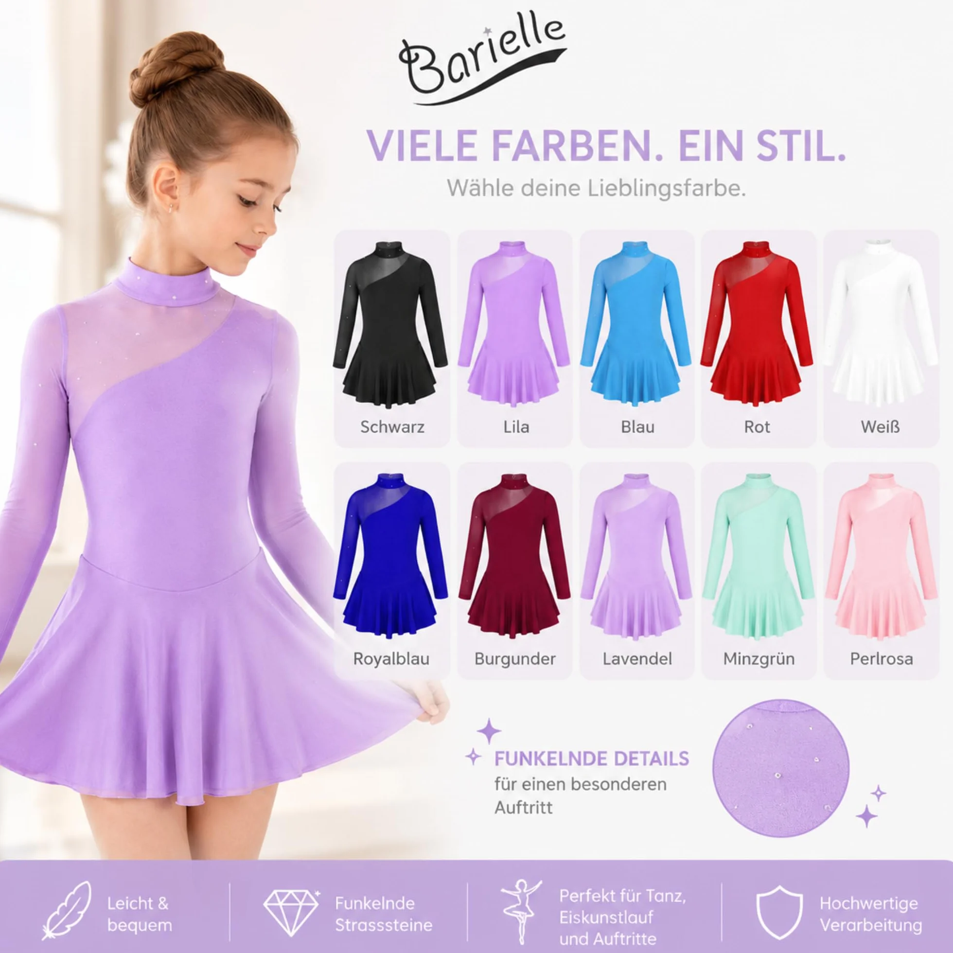 Barielle - Vestito da danza, da ballo, abito da ballo, guard dance, pattinaggio artistico, un pezzo con body