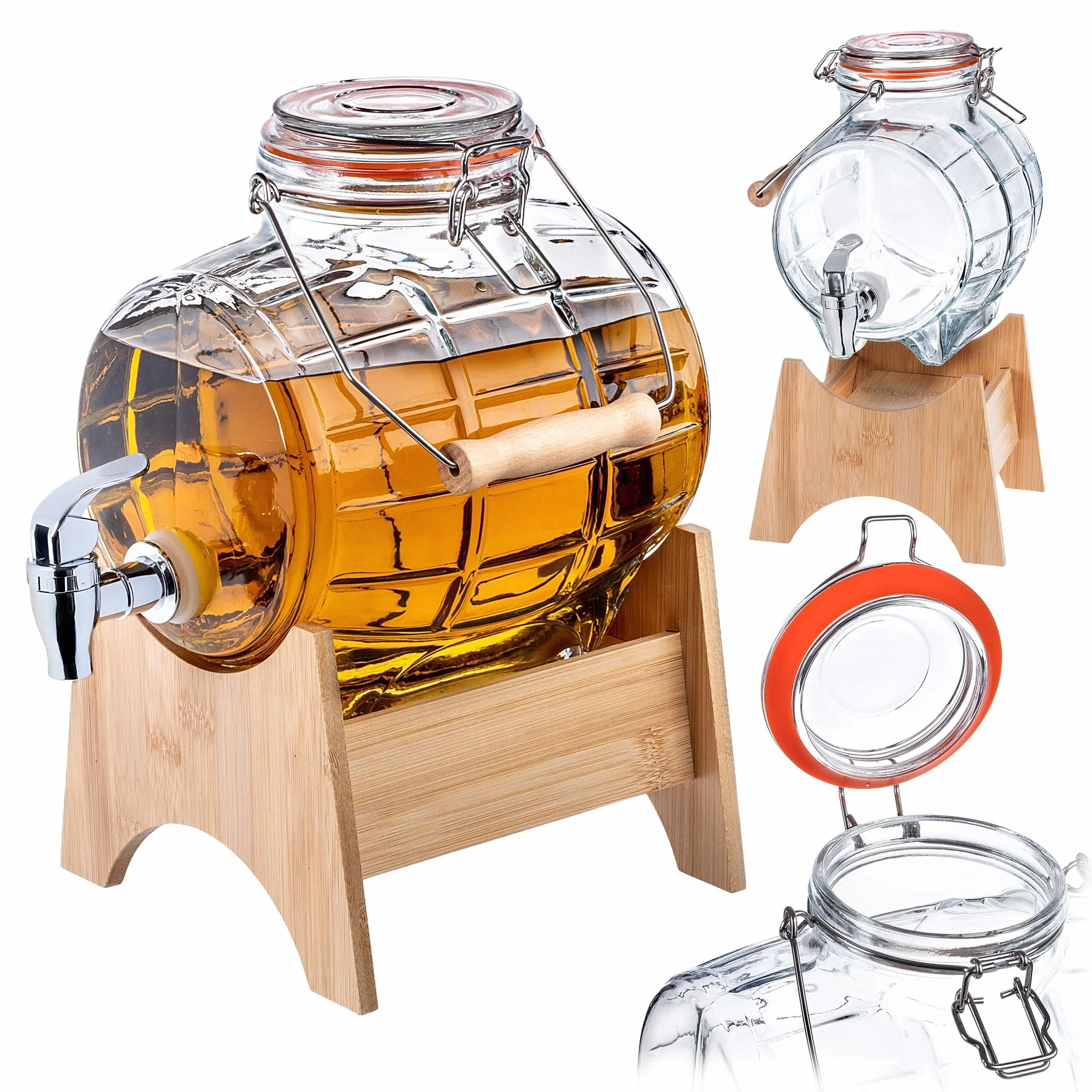 KADAX Barile con Rubinetto, Dispenser per Bevande in Vetro trasparente con Base in Legno (3 l)