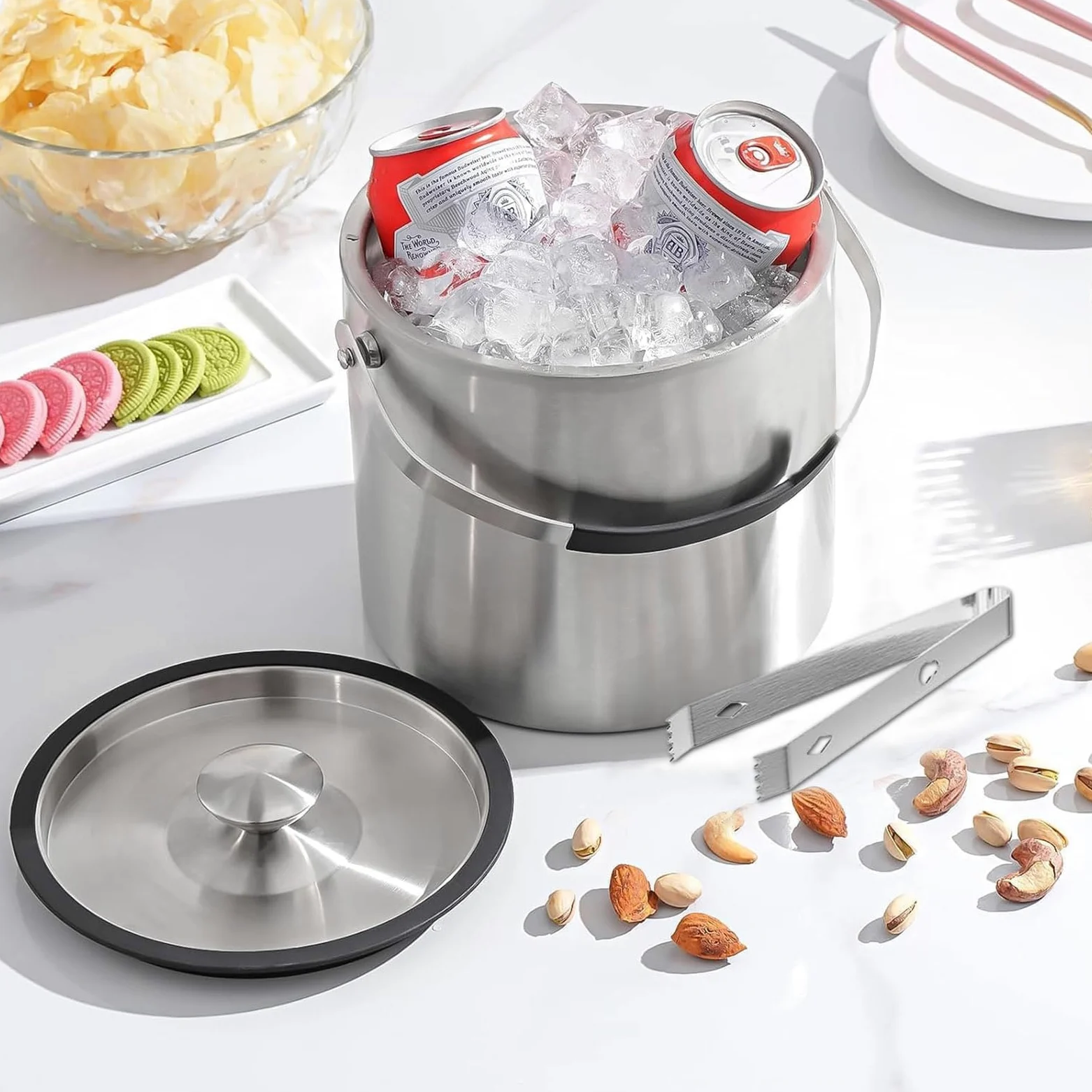 Contenitore per ghiaccio in acciaio inox, 3 l, con coperchio ermetico, colino e pinza per ghiaccio, a doppia parete, ideale per raffreddare birra, champagne e frutta