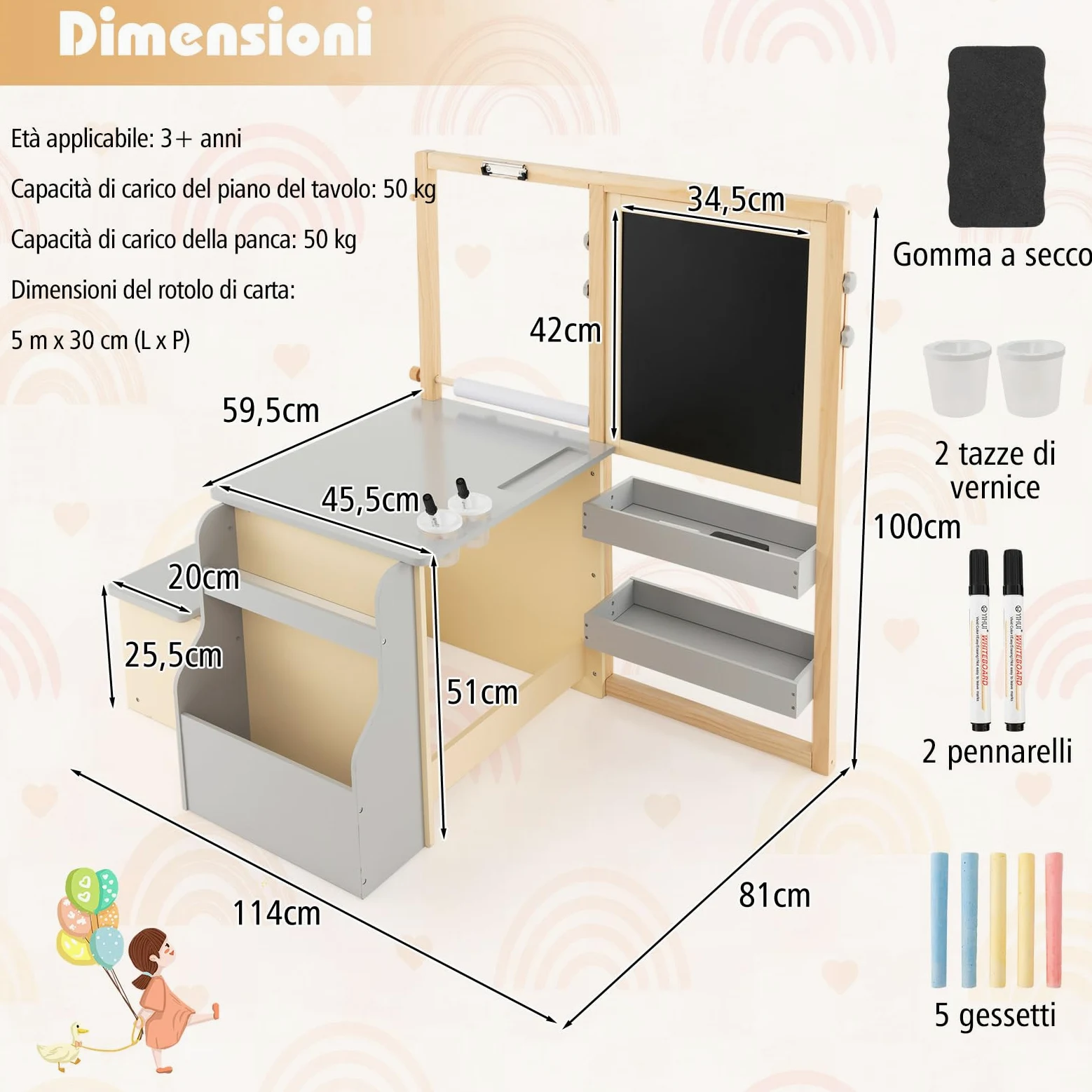 RELAX4LIFE Set Tavolo con Sedie 3 in 1, Cavalletto Regolabile/Scaffale/Scrivania/Lavagna Bianca/Lavagna Nera/Libreria con Tazze,Pennarelli,Gomma, Gessetti,114x81x100 cm (GRIGIO)