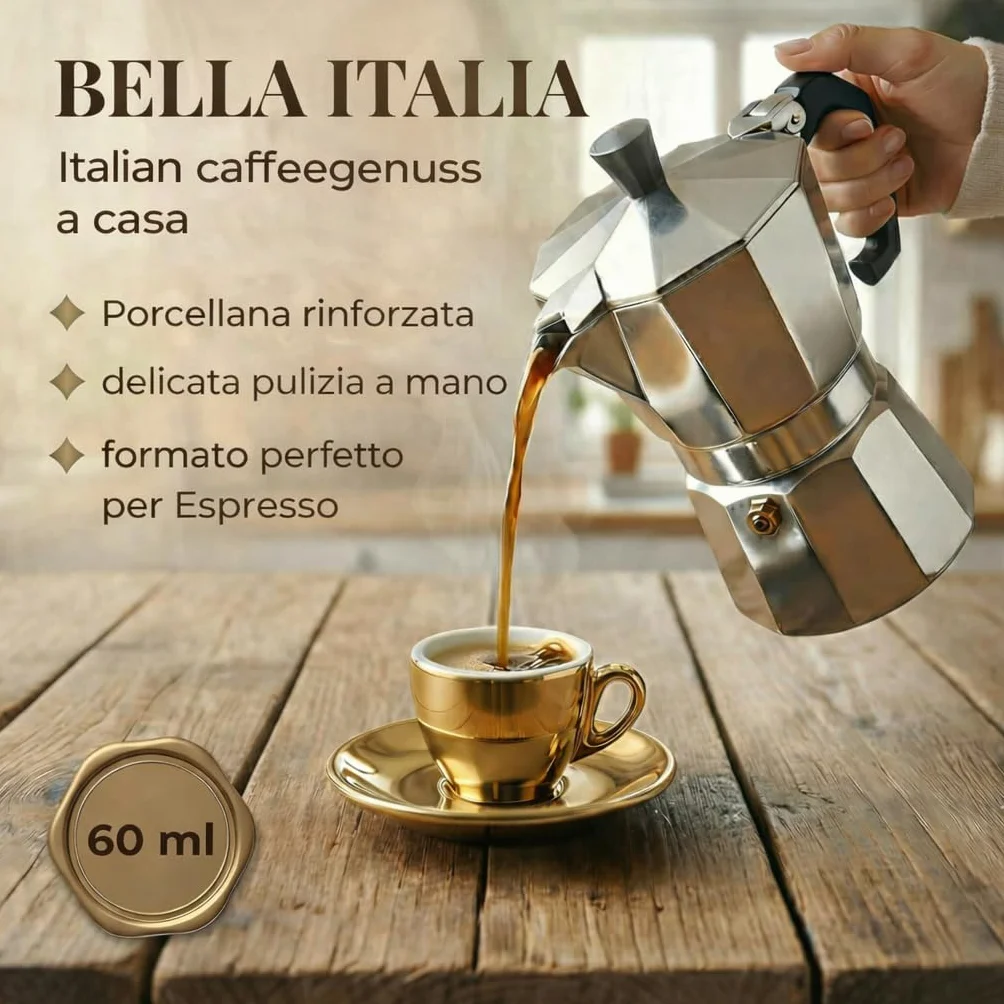 Tazzine da Caffè Espresso 60 ml in Porcellana Oro e Bianco Set da 6
